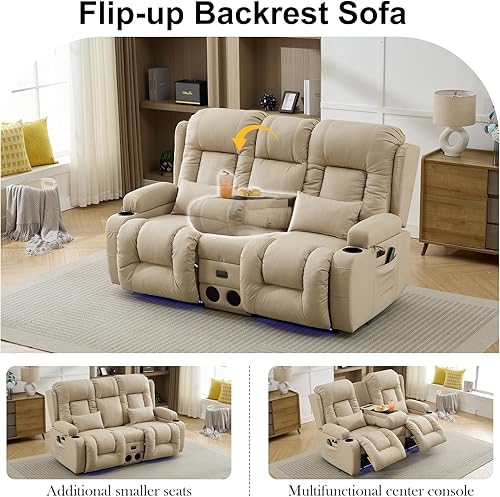 Miniatura 8 de TUNYI Sofá reclinable eléctrico con masaje y calor, asiento de cine en casa con consola, sofá biplaza reclinable RV con