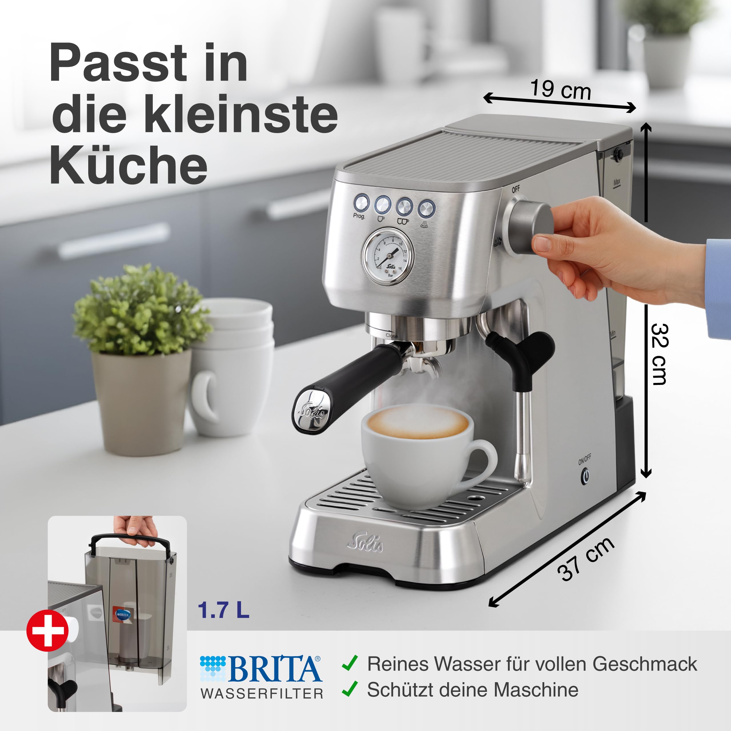 Solis Barista Perfetta Plus Espressomaschine, Halbautomatische Kaffeemaschine mit Milchschäumer, Programmierbare Kaffeemaschine mit abnehmbaren Wassertank, Heißwasser- und Dampffunktion, Silber