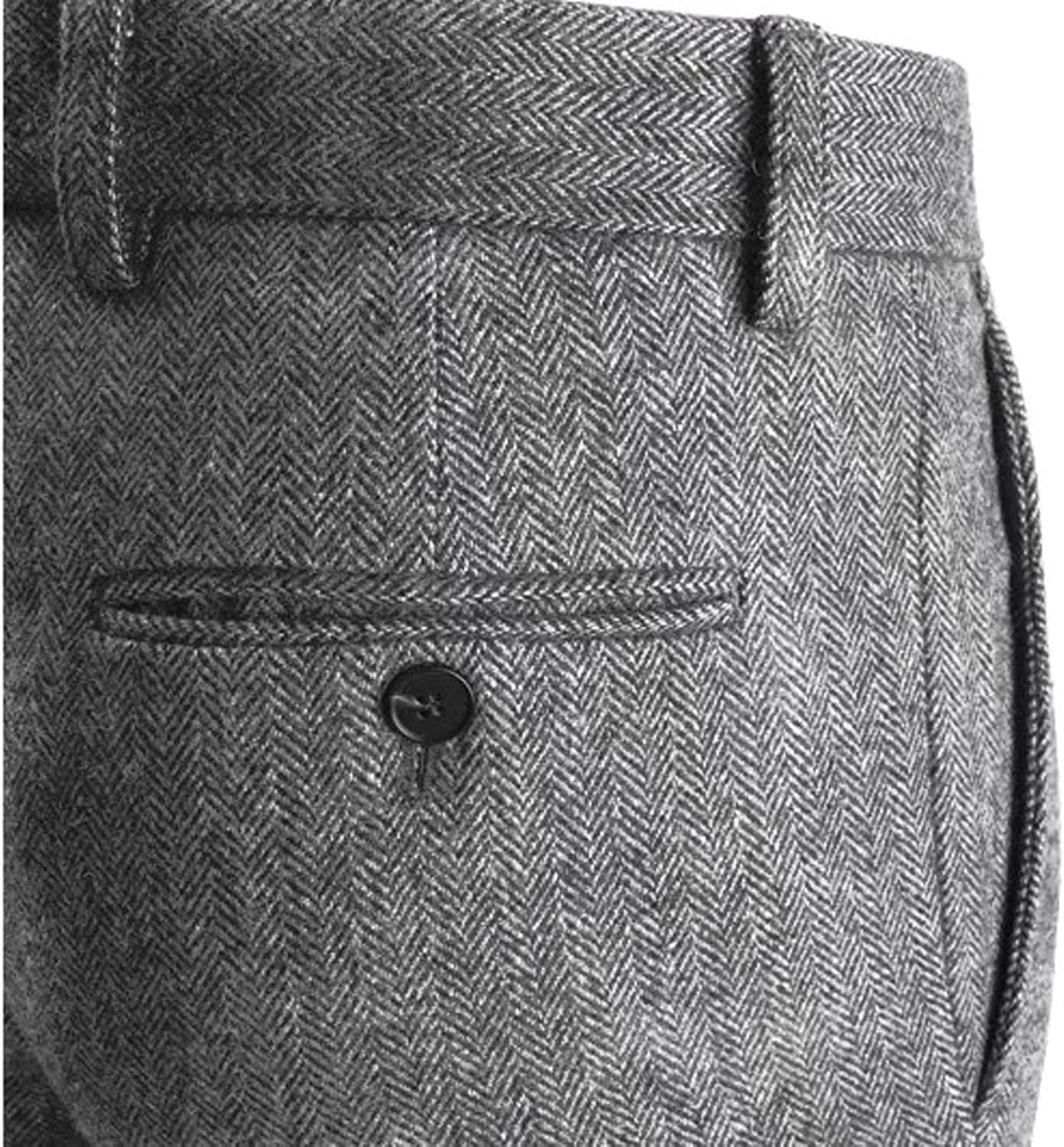 Mens Tweed Dress Pants Men's Classic Fit Retro Herringbone Pleated Suit Pants Casual Work Flat Front Trouser
