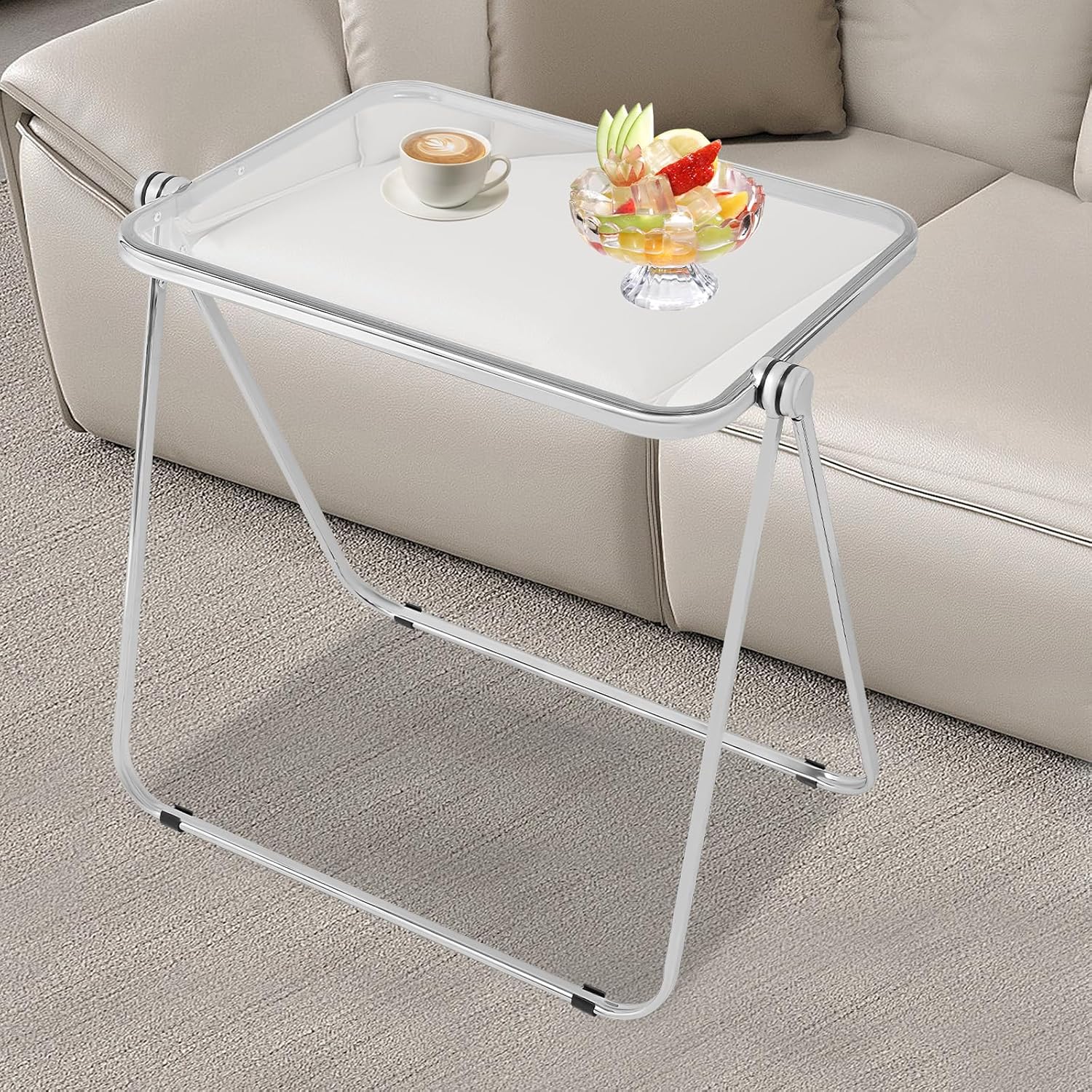 Acrylic Folding TV Tray Table, 25''x20'' Clear Acrylic Foldable Table, Space-Saving Clear End Side Desk for Living Room, Bedroom and Small Room Home Office, No Assembly Required (White)
