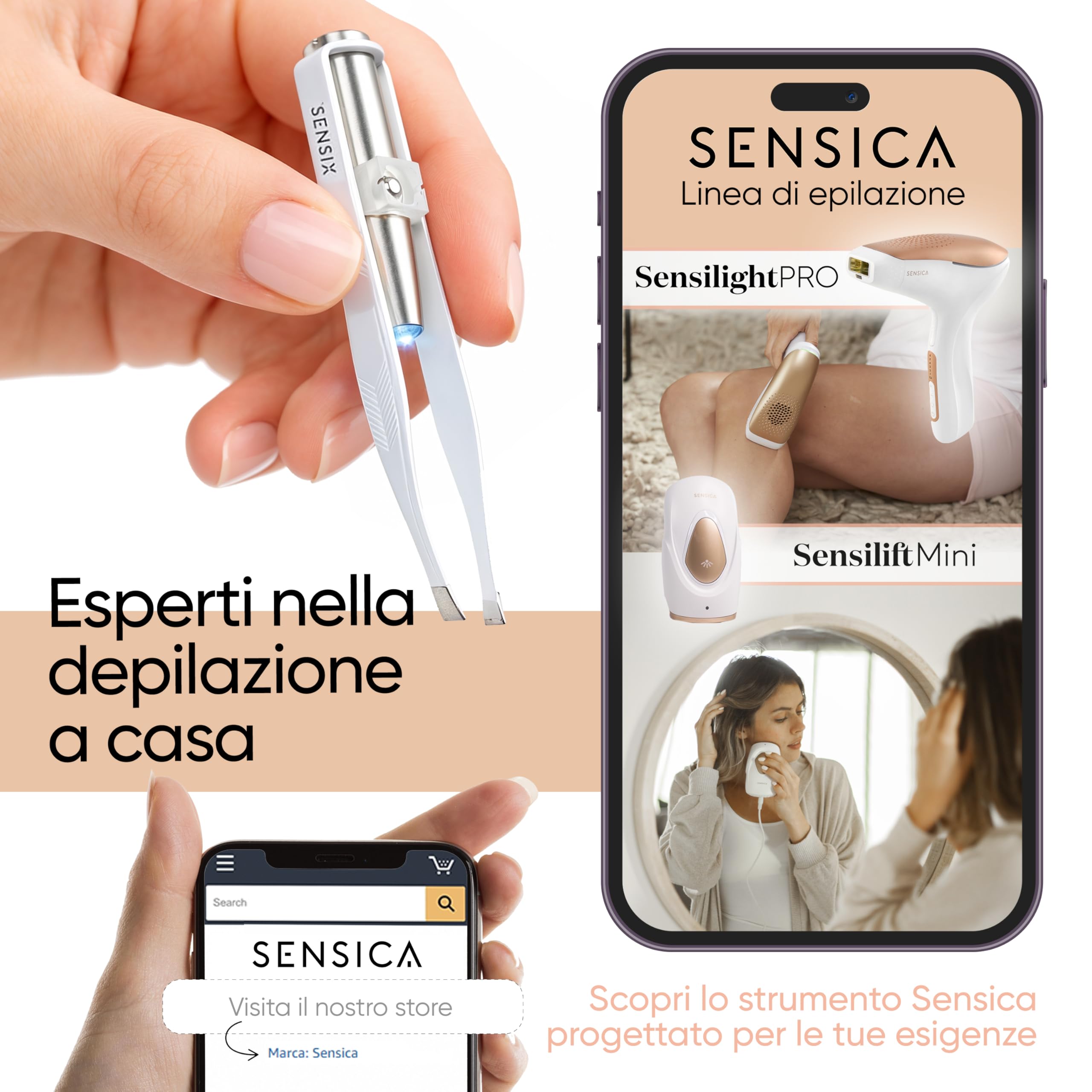 Sensica Pinzette Sopracciglia con Luce LED Professionali – Pinzette di Alta Precisione a Punta Obliqua in Acciaio Inox, Pinzette Luminose per Peli Incarniti e Viso, Idea Regalo Donna