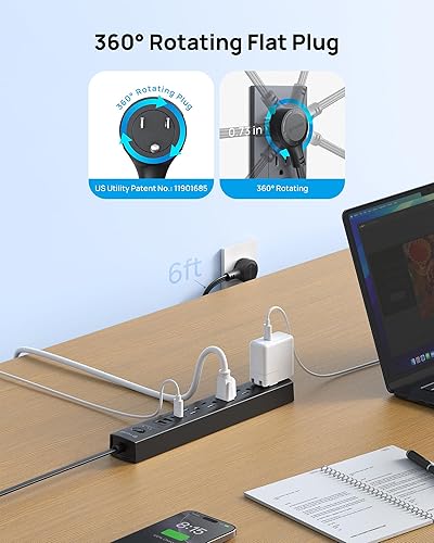 Miniatura 9 de TROND Regleta de alimentación de enchufe giratorio de 360, regleta de alimentación de enchufe plano con 2 USB C y 2 USB A, protector de