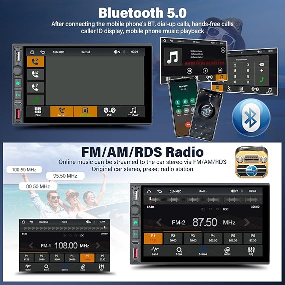 Double Din Car Stereo Wireless CarPlay Android Auto Bluetooth FM/AM/RDS Radio 7 Inch HD 1024 * 600 Touch Screen Mirror Link 3 USB Type-C DSP RCA SWC + Backup Camera Mic