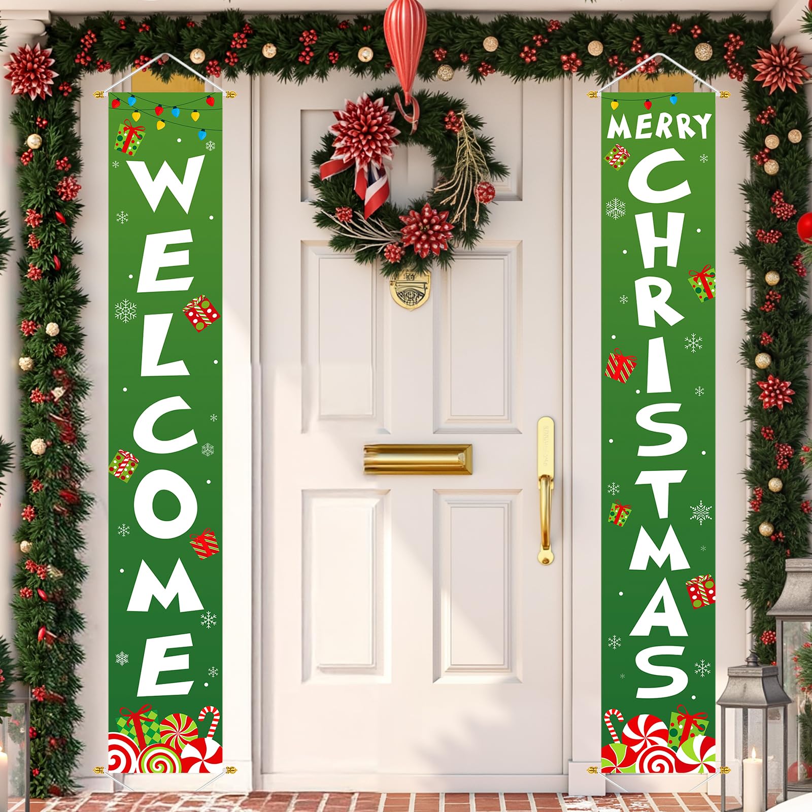 Outdoor Christmas Decorations Yard: Cute Green White Front Porch Sign Banner, Welcome Merry Christmas Candy Decorations for Home, Indoor Outdoor Xmas Wall Front Door Yard Garage Décor