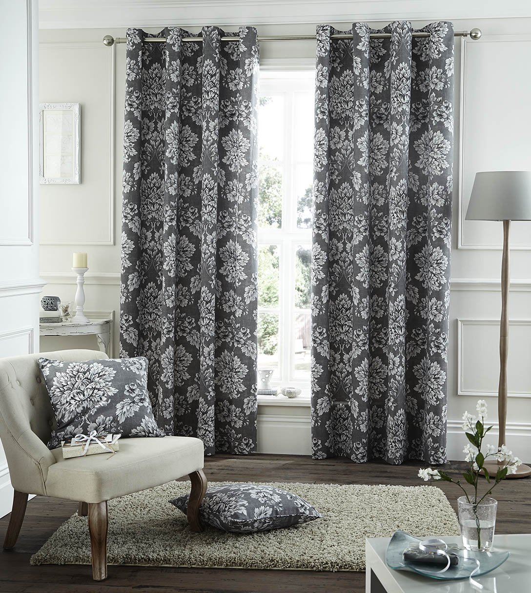 Catherine Lansfield 66 x 54 cm Toile Damask Curtains, Charcoal