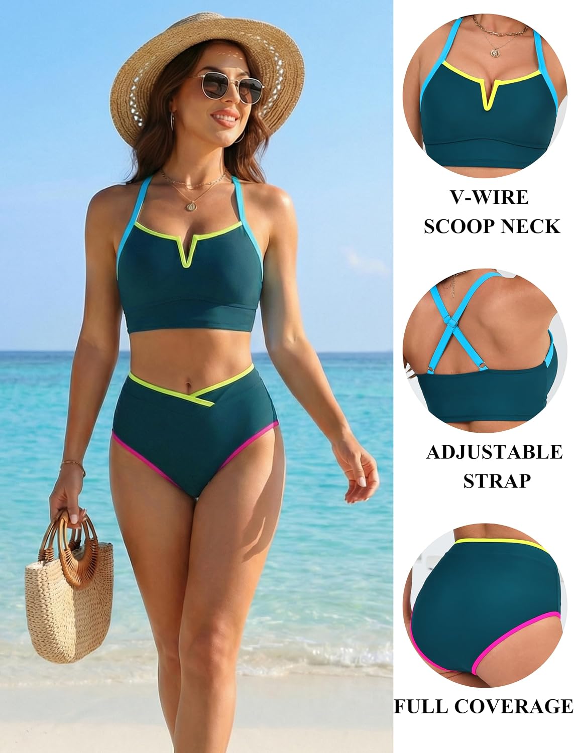 BMJL Women's High Waisted Bikini Sets Color Block Sporty Two Piece Swimsuits Tummy Control V-Neck Crop Top Bathing Suits