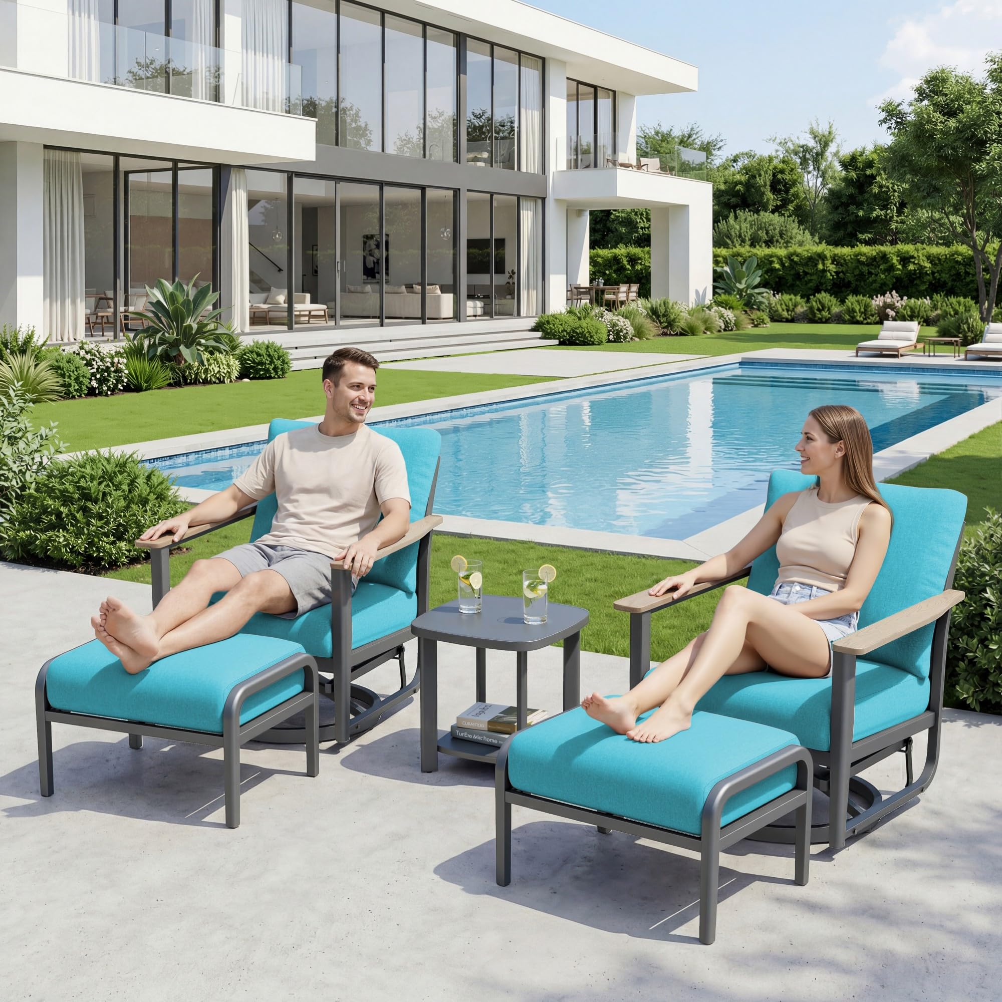 Sweecci Aluminum Swivel Rocking Chairs with Ottomans, 5-Piece Outdoor Patio Furniture Set, Metal Gliders with Side Table, Wood-Like Armrests & 5.1"