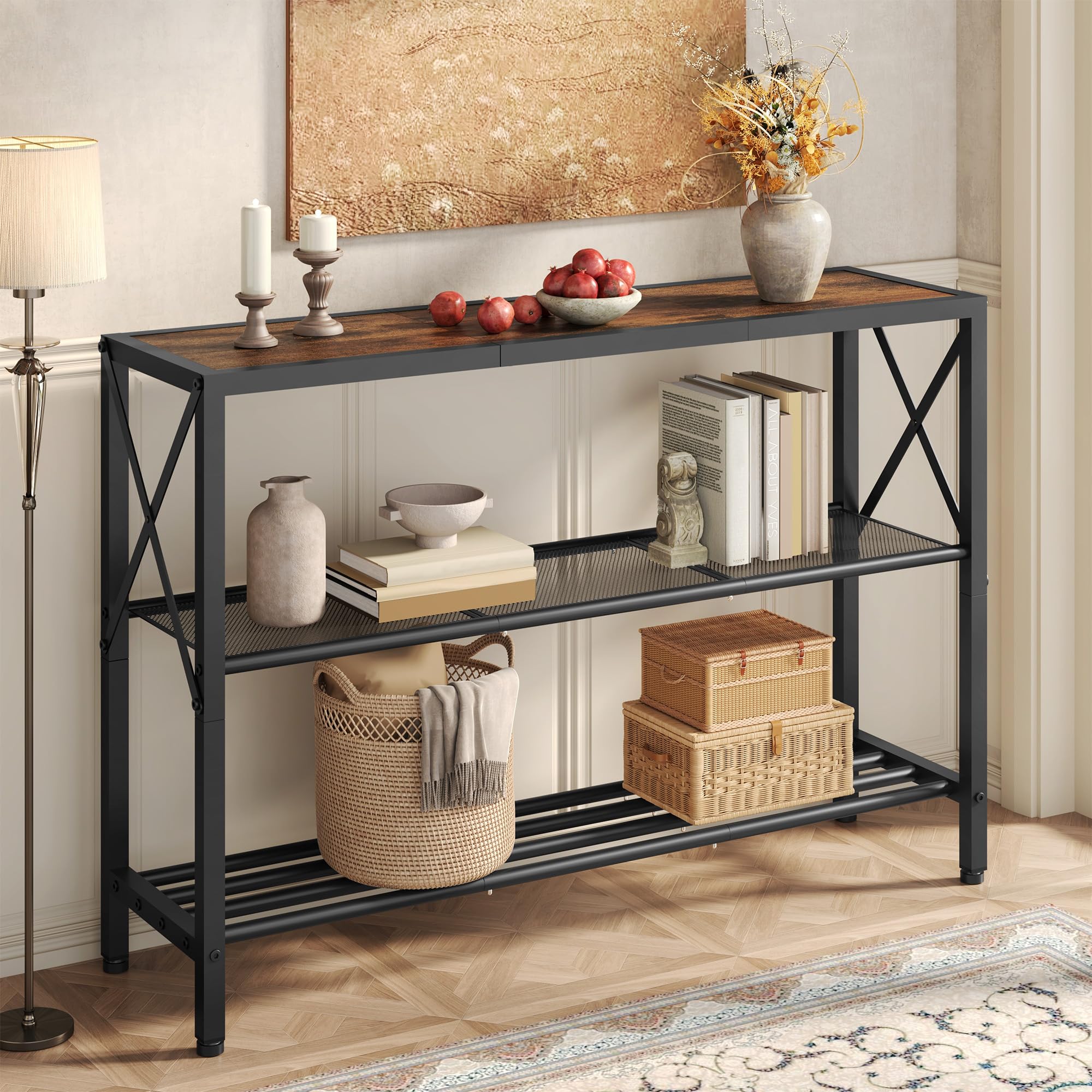 Hoctieon Industrial Console Table, 3 Tier Entryway Table, Hallway Table, Narrow Sofa Table with Shelves, Entrance Table for Entryway, Living Room, Foyer, Hallway, Office, Rustic Brown&Black