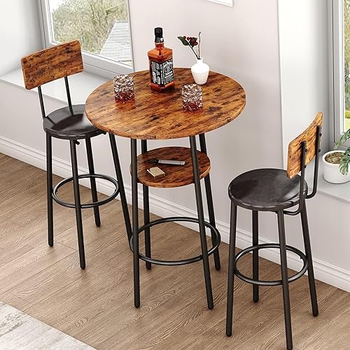 Juego de mesa de comedor de 3 piezas para 2, pequeña mesa de cocina redonda con 2 sillas, mesa de bar de altura de mostrador con almacenamiento,