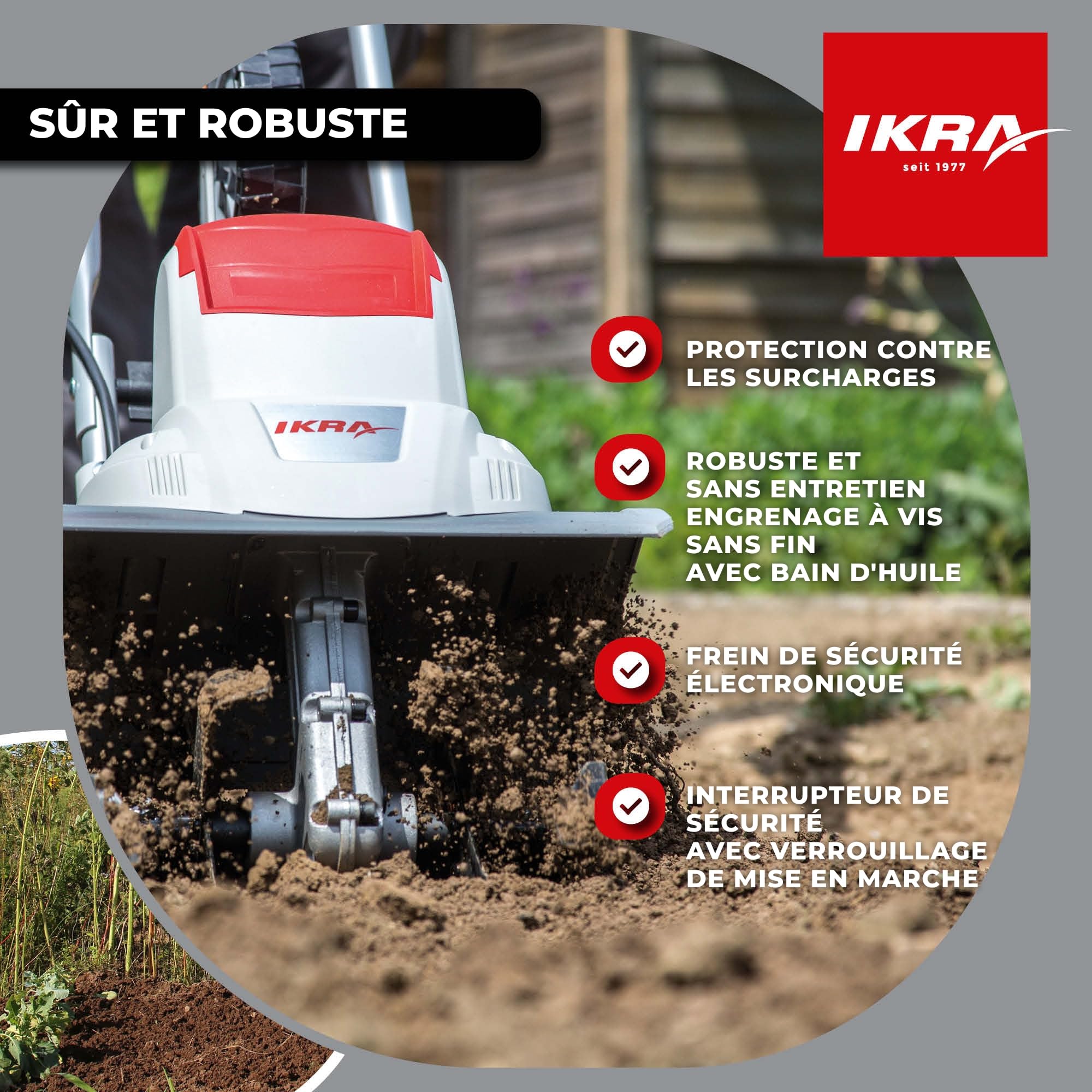 IKRA cultivateur électrique IEM 800S, largeur 30 cm, profondeur 20 cm | 800 W, talon de freinage, roue de transport, pliable pour un encombrement réduit, protection contre les surcharges