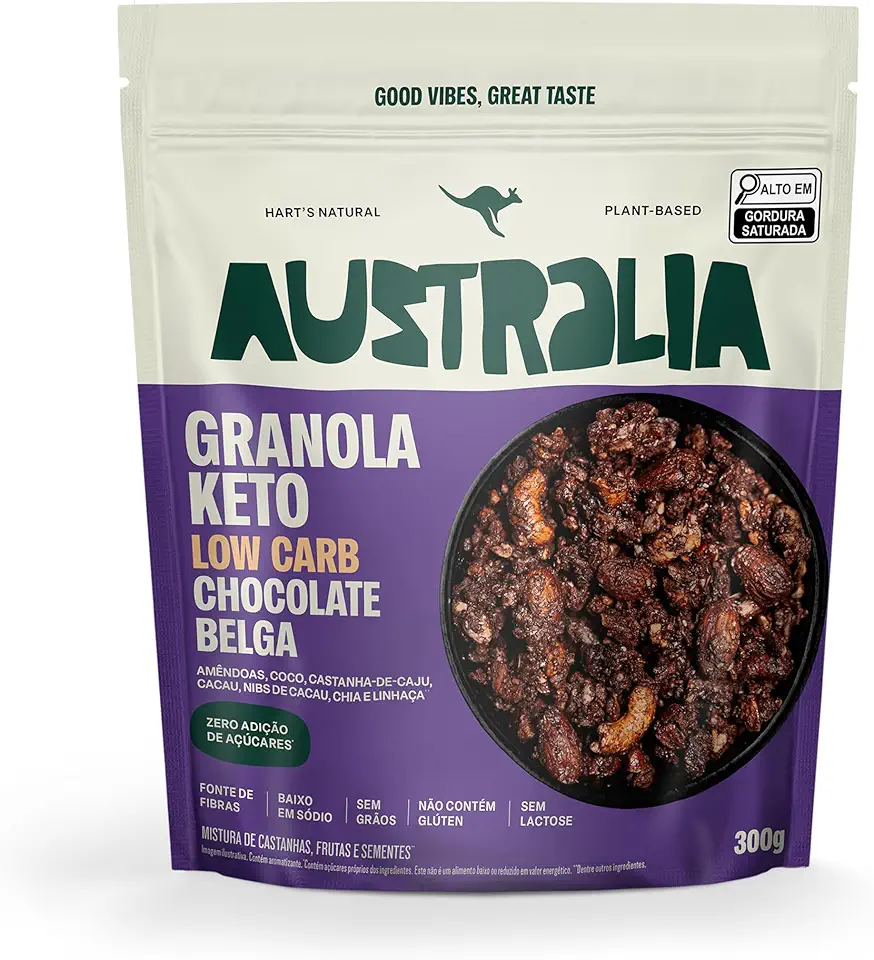 Hart's Natural Granola Australia Keto Low Carb Belgian Chocolate | Granola Sem Açucar, Sem Lactose, Sem Glúten, Vegano | 100% Natural | Alto em Fibras | 300g