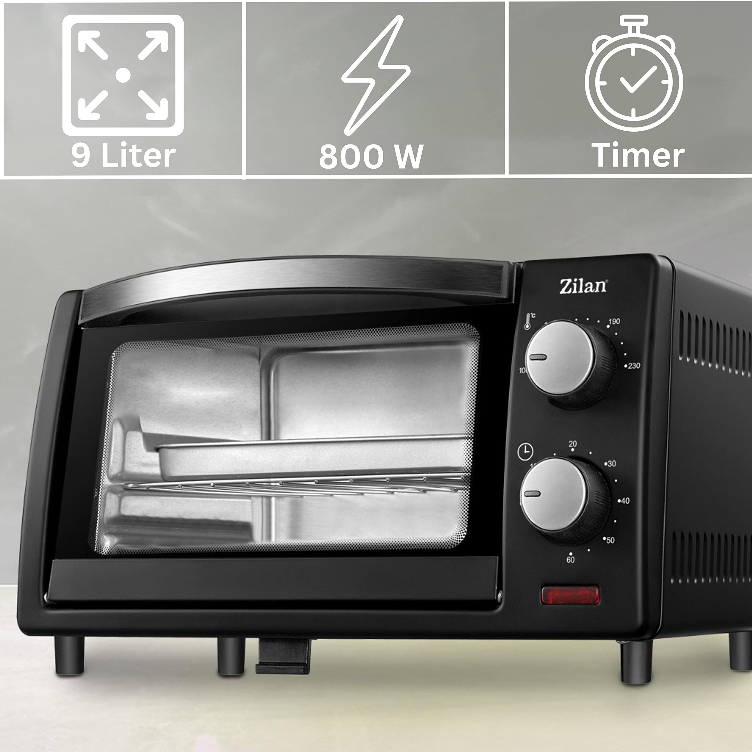 Mini Backofen 9 Liter | 60 min Timer | 800 Watt | 100°-230°C | Minibackofen | Backofen | Mini Oven | Camping Ofen | Kleiner Backofen | Kleiner Ofen