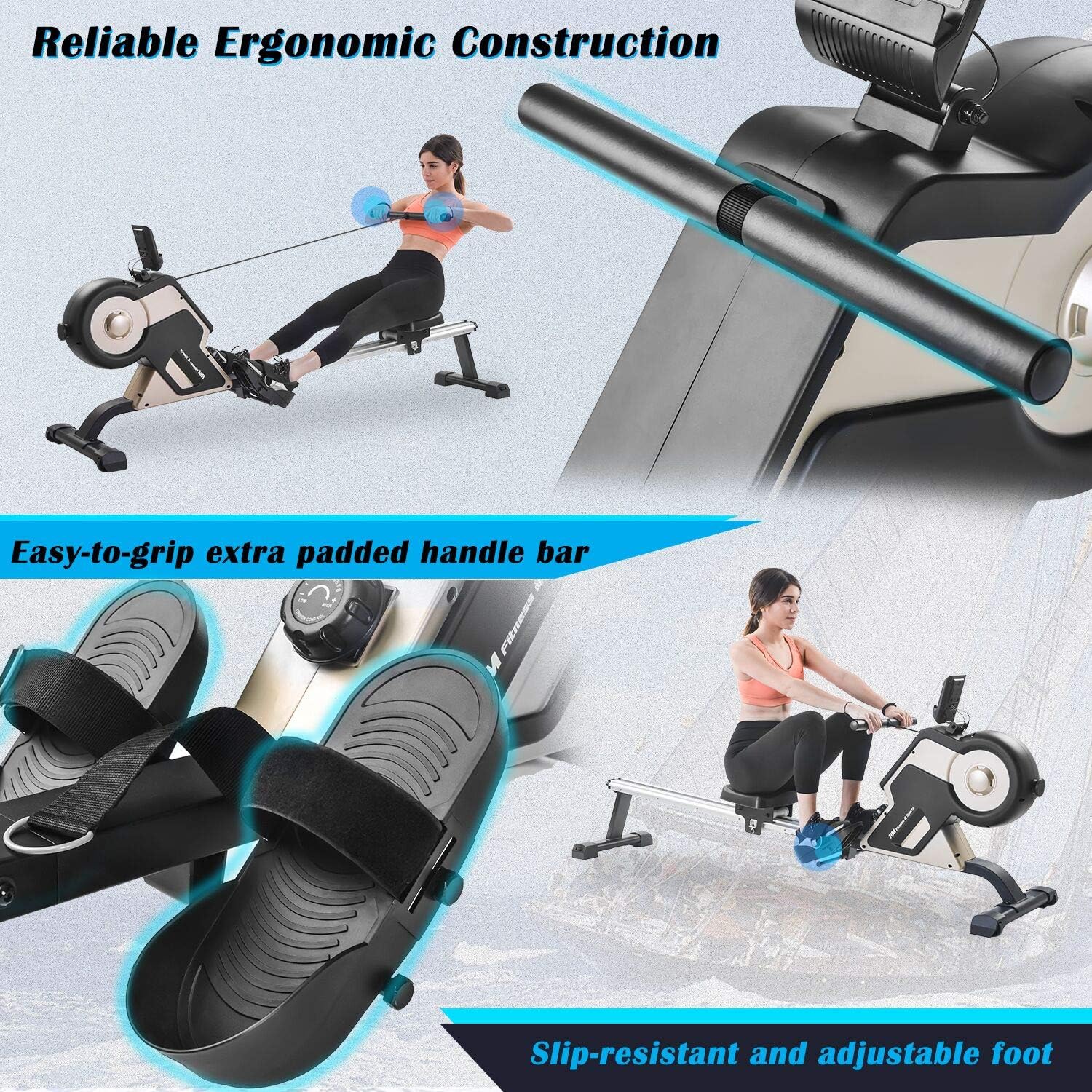 Merax Rowing Machine Indoor Home Rower Magnetic Rowing Machine with Magnetic Tension System, LED Monitor and 8-Level Resistance Adjustment Fitness Equipment for Home Gym Exercise, Golden Black