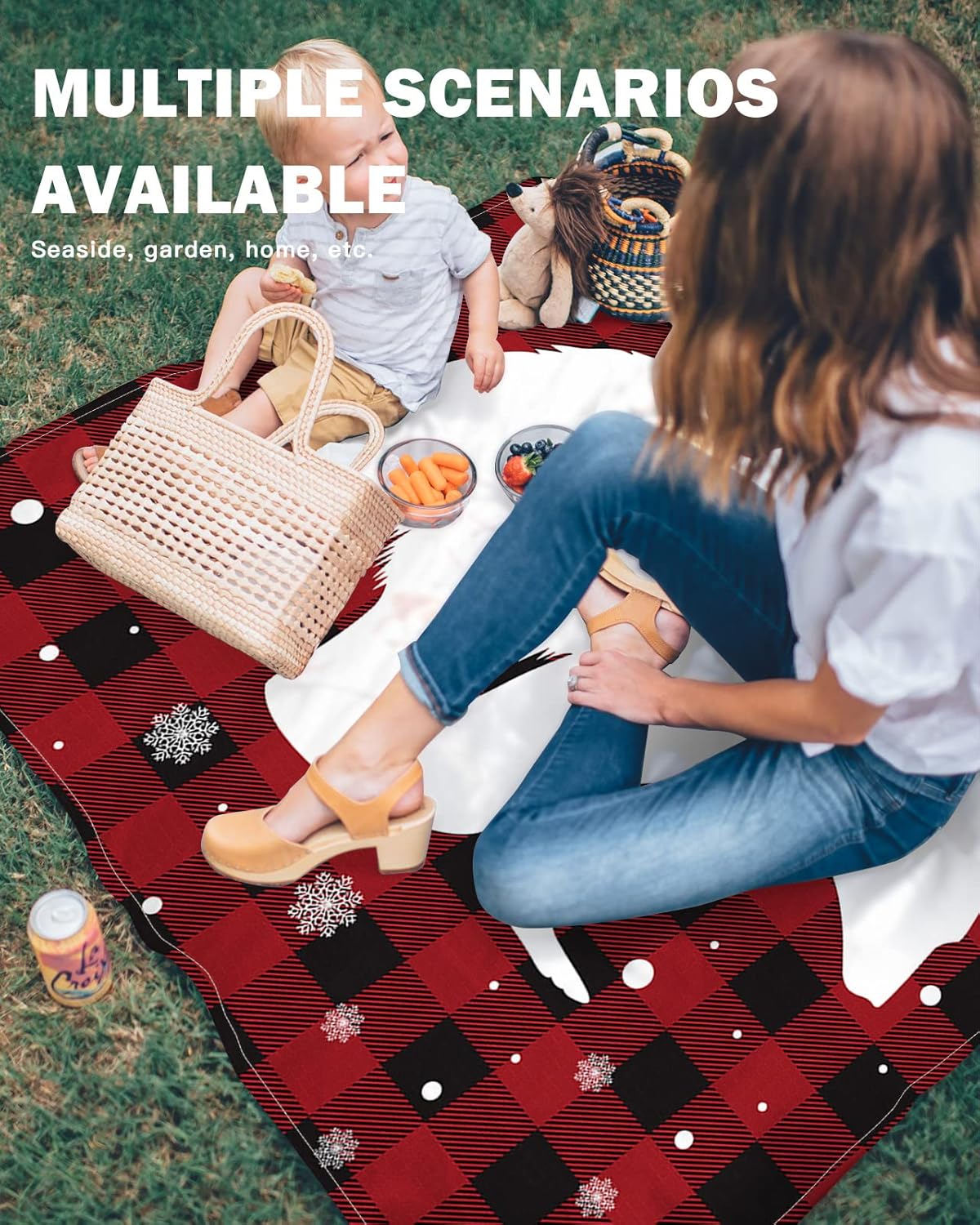 Winter Polar Bear with Snowflake Beach Blanket Waterproof Sandproof Outdoor Picnic Mat 83"x79" Black Red Buffalo Check Lightweight Large Beaach Blankets with 4 Stake & 4 Corner Pockets