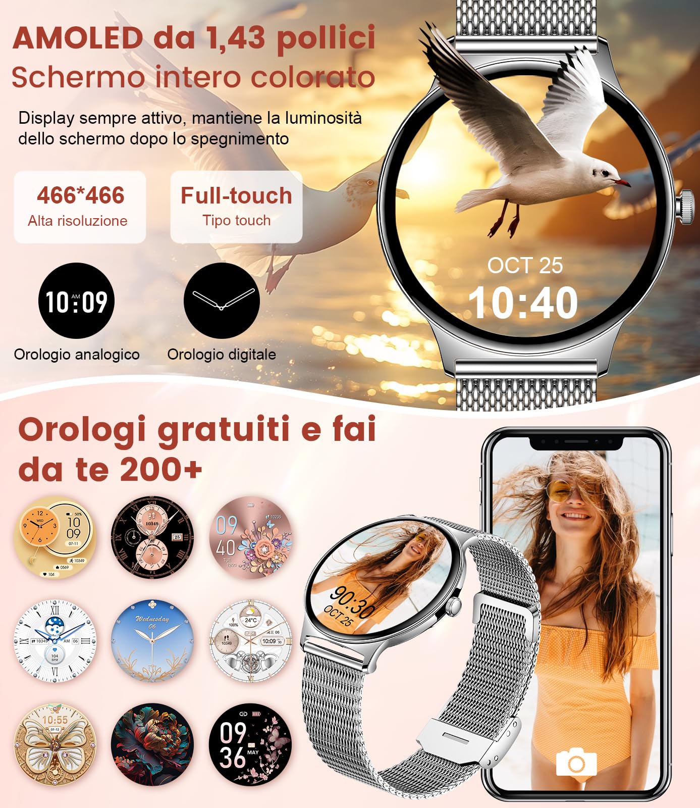 LIGE Orologio Smartwatch Donna Con Chiamate Bluetooth, Display AMOLED 1.19", Quadrante Diamanti, 2 Cinturini (Acciaio E Silicone), Monitoraggio Frequenza Cardiaca E Sonno, 100+ Modalità Sport - 5