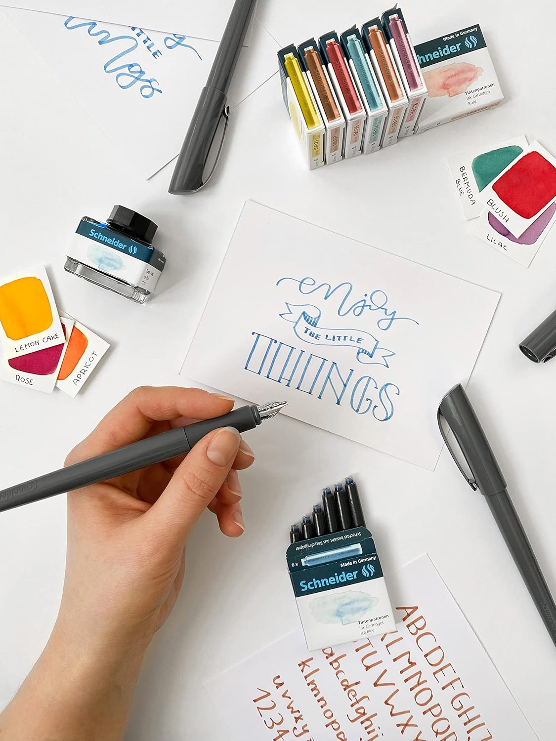 Schneider 143820 Callissima Calligraphy Fountain Pen Gift Set (3 Different Nib Sizes Including Cartridges and Hand Lettering Instructions) Pebble