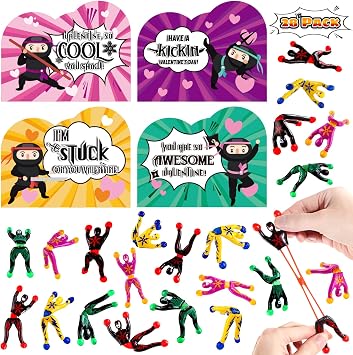 Letapapa 28 Pack Valentines Day Cards for Kids with Sticky Wall Climbing Men Ninja Toys, Valentines Greeting Cards for Boys Girls School Classroom Gifts Exchange, Valentines Prizes Party Favors