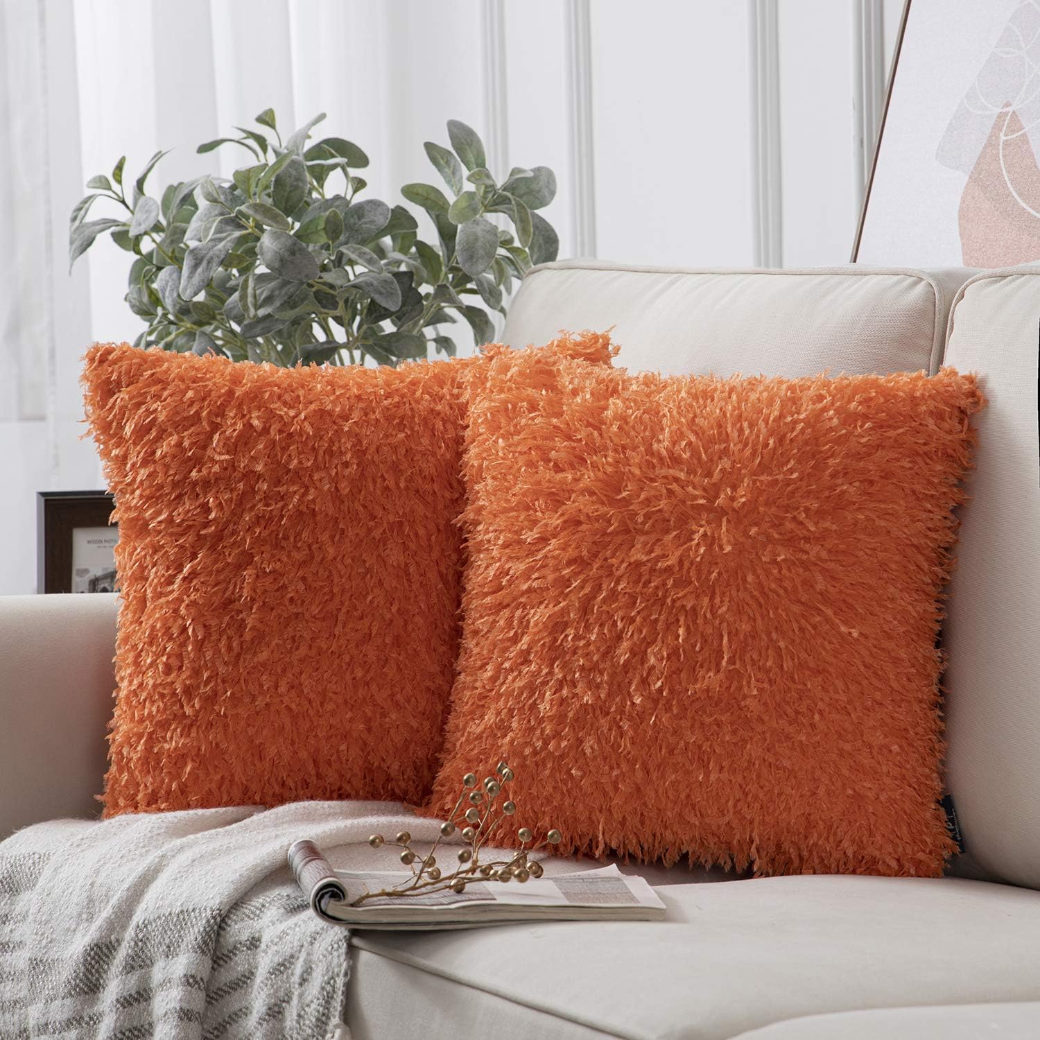 Phantoscope Pack of 2 Fuzzy Faux Feather Throw Pillow Covers Soft Velvet Series Faux Fur Decorative Pillowcases Cushion Cover for Couch Bed and Chair, Orange, 18 x 18 inches, 45 x 45 cm