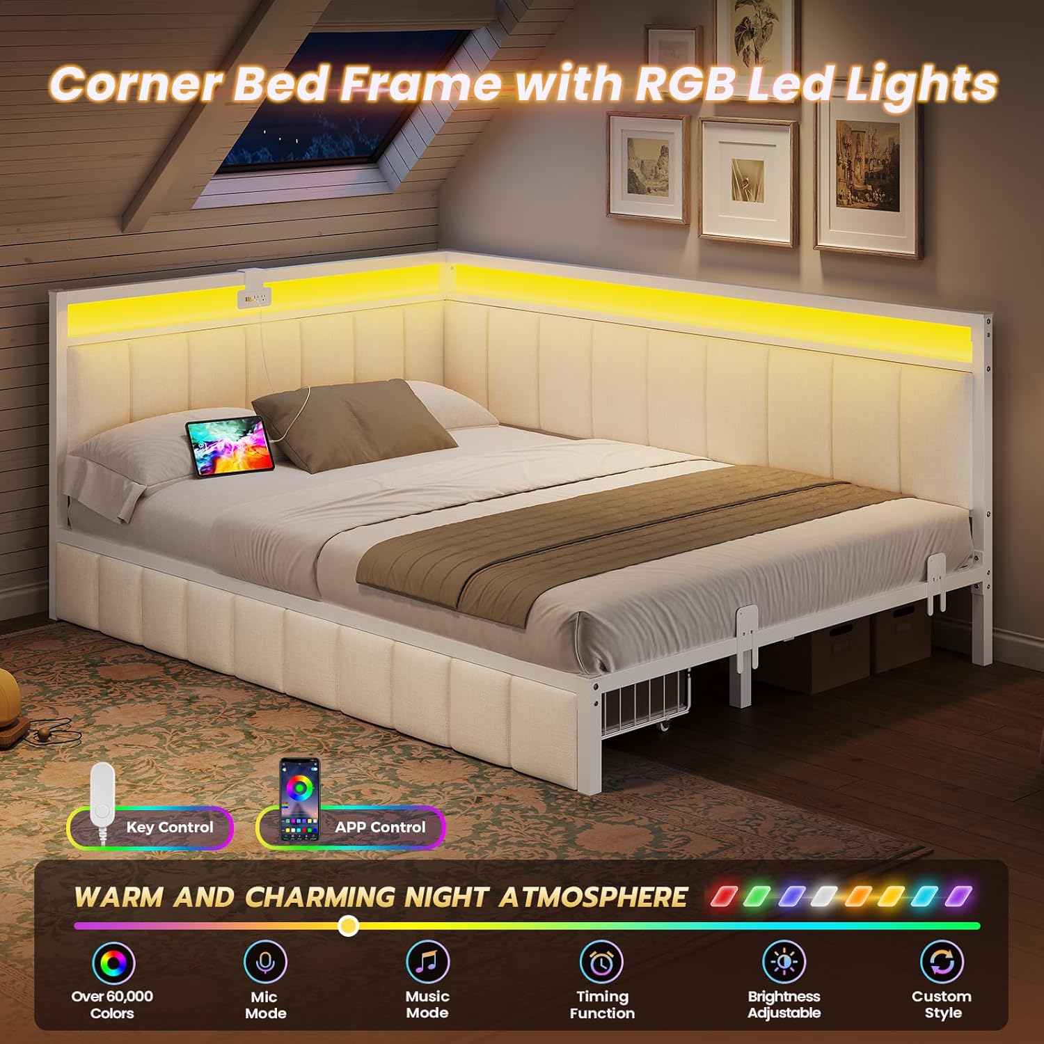 Image showing the bed frame with RGB LED lights illuminated, along with icons for key control and app control, indicating various light modes like mic mode, music mode, timing function, brightness adjustment, and custom style.