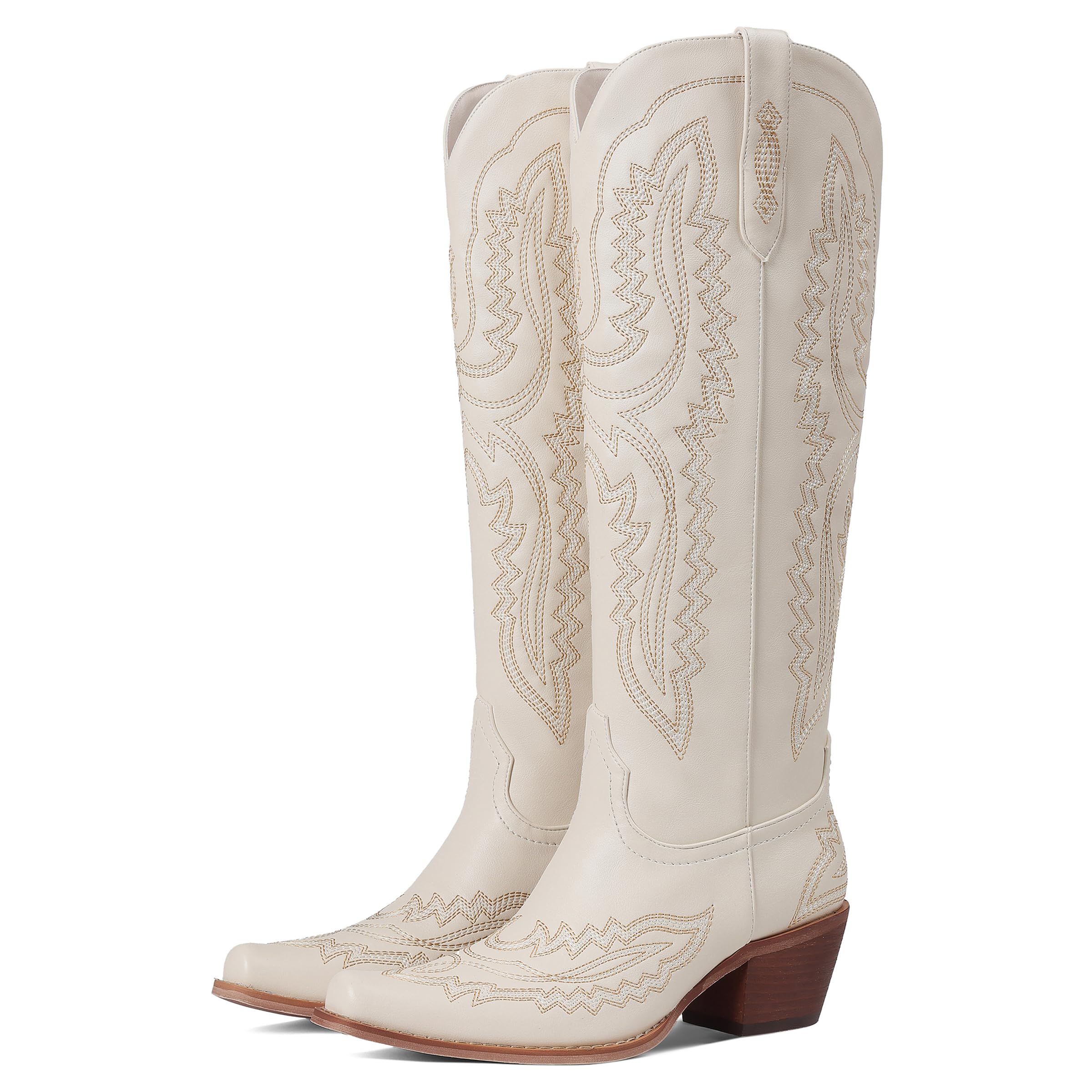 CELNEPHO Cowboy Boots For Women Knee High Western Boots With Classic Embroidered Chunky Heel Slip On Zipper Square