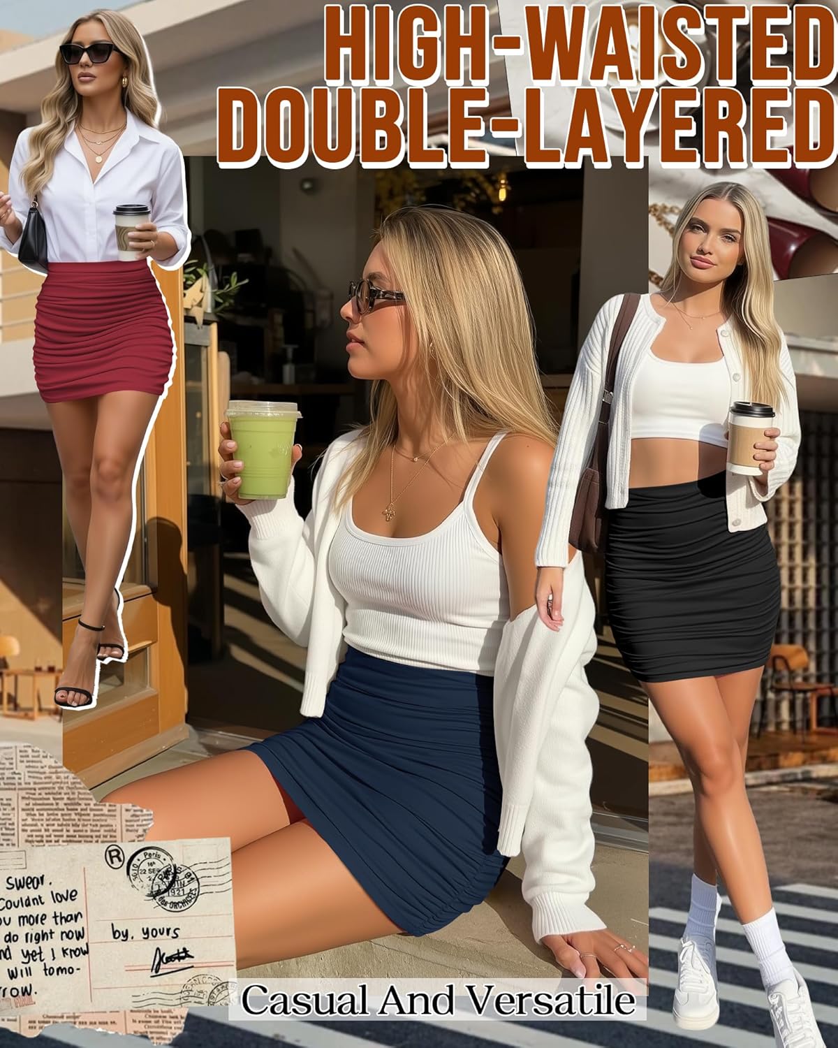 3 Pcs Women's Sexy Mini Skirt Ruched Bodycon Stretch High Waist Double Layer Casual Going Out Tight Mini Skirt - Image 2