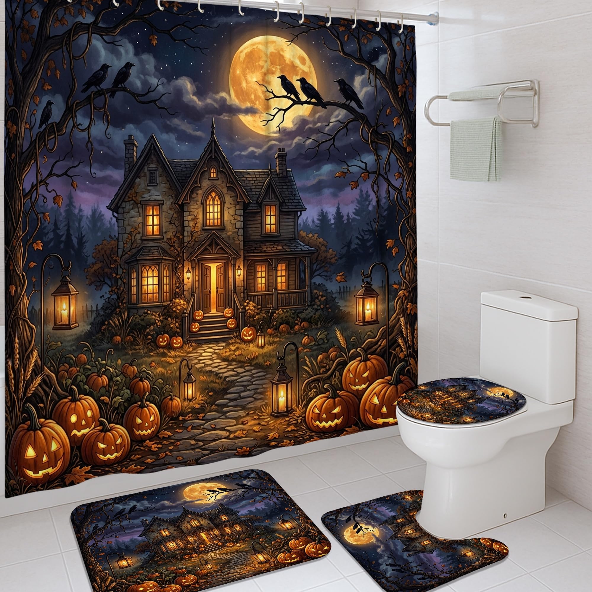 Rideau de douche anti eclaboussures et tapis de bain orange motif Halloween