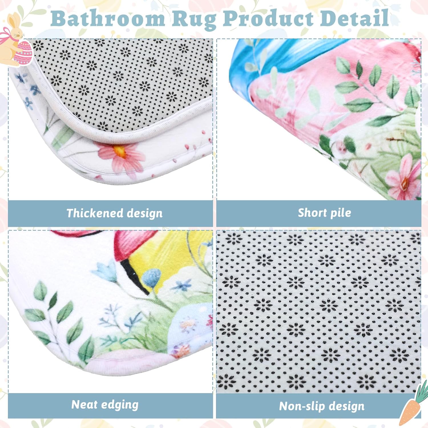 Hahafelt 4 Pcs Spring Easter Bunny Shower Curtain Sets 71 x 71 Inch Shower Curtain with 12 Hooks, Toilet Lid Cover, U Shape Bath Mat, Rectangular Bath Mat Easter Bathroom Decor Accessories