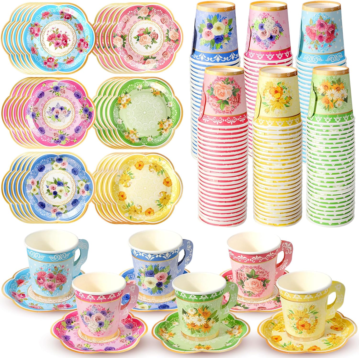 Nuogo 300Pcs Floral Paper Tea Cups and Saucers 7 OZ Disposable Tea Cup with Handle and Plates for Garden Party Supplies Wedding Birthday Baby Shower Bridal Mother's Day, Serve 150 Guest(Vibrant Color)