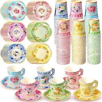 Nuogo 300Pcs Floral Paper Tea Cups and Saucers 7 OZ Disposable Tea Cup with Handle and Plates for Garden Party Supplies Wedding Birthday Baby Shower Bridal Mothers Day, Serve 150 GuestFresh Color
