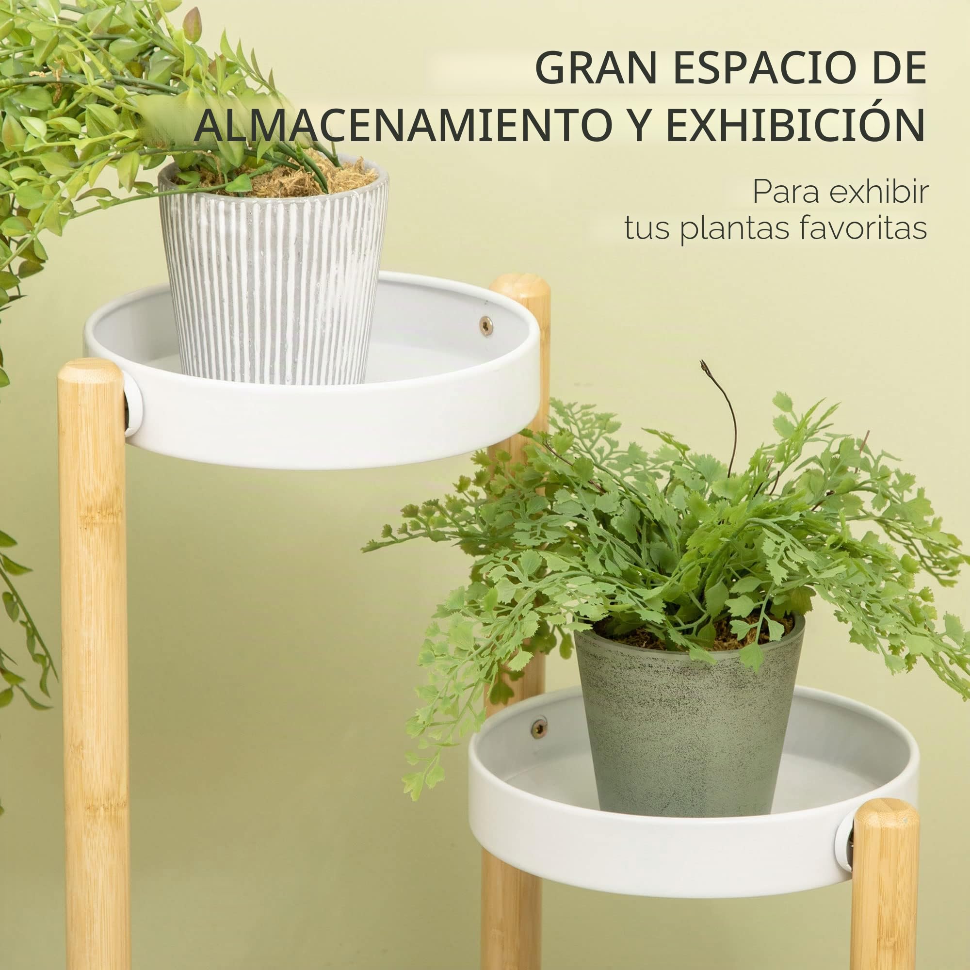 Outsunny Support pour plantes piédestal 4 niveaux 28 x 28 x 80 cm Blanc | Étagère à Fleurs, Étagères Rondes, Bambou et Métal, pour Extérieur Intérieur