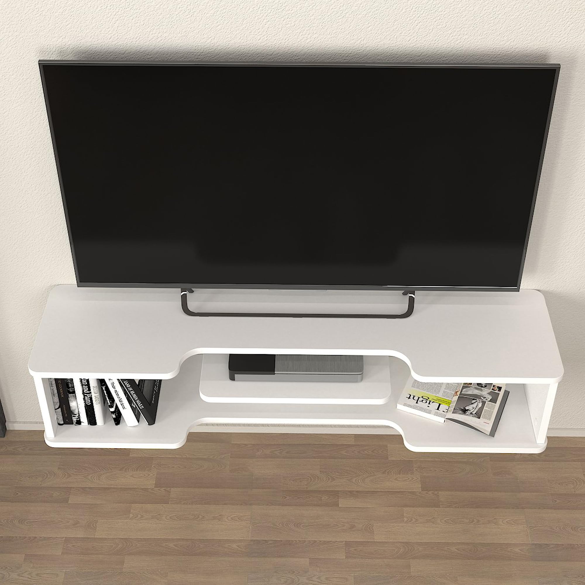 [en.casa] Yrela szafka pod telewizor wisząca, 120 x 30 x 26 cm, regał wiszący do telewizora, salonu, sypialni, biała