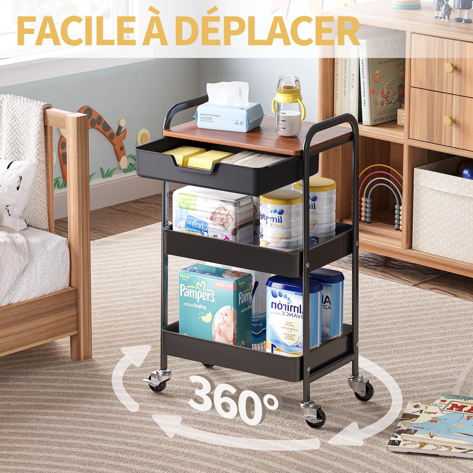 kingrack Chariot de Rangement à 3 Niveaux avec Plateau, Chariot Multifonction en métal pour Cuisine, Maison, Bureau, Salle de Bain, Noir