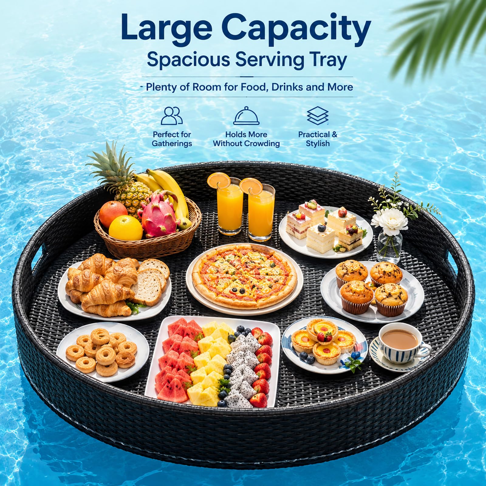 Vassoio Galleggiante per Piscina, Grande Vassoio in Rattan per Bevande Snack e Brunch, Bar Galleggiante per Piscina Spa Jacuzzi e Feste in Giardino Black Heart-60 cm