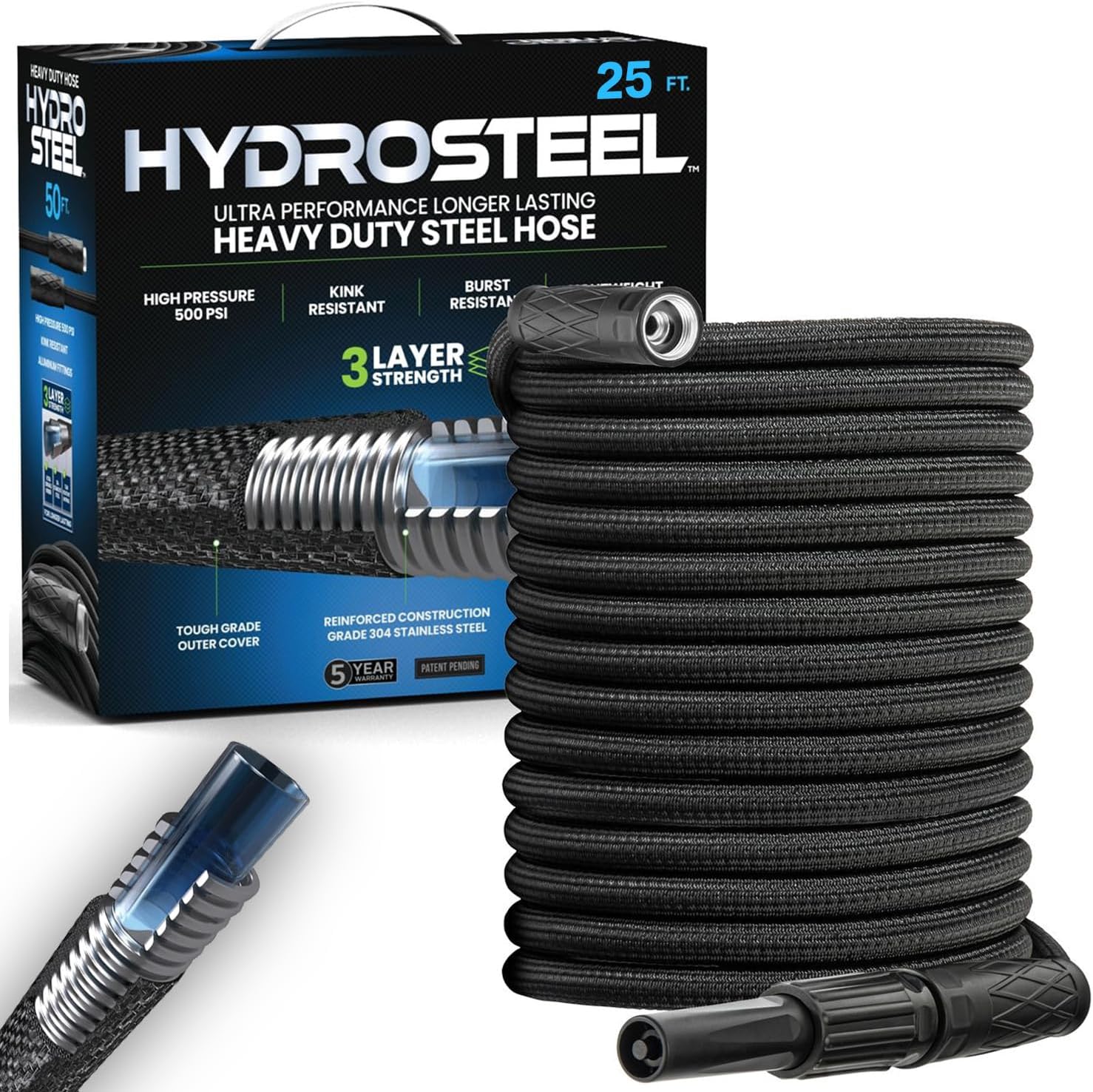 HYDROSTEEL 100 Ft Metal Garden Hose with Sprayer Nozzle, Indestructible 3-Layer Stainless Steel Heavy Duty Water Hose 100 Ft x 5/8 in. Kink Free Design Will Not Kink, Flexible, NON Expandable, 500 PSI