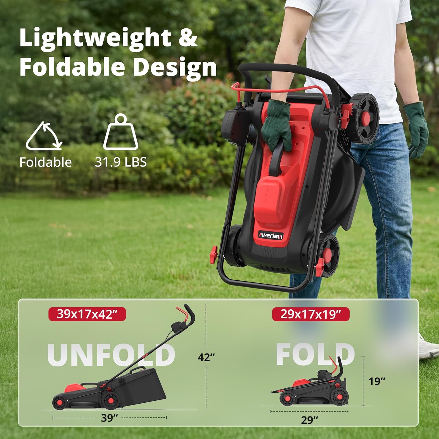 14-Inch Corded Electric Lawn Mower, 12.5 Amp 3400RPM 2IN1 Mulching & 10-Gallon Collection Bag, Push Mower with 6-Position Cutting Height, Lightweight Electric Mower for Residential Yards