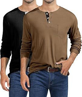2 Pack Men's Henley Shirts, Long Sleeve Henley T-Shirts with Pockets Casual Front Placket Basic Henley Tee Tops