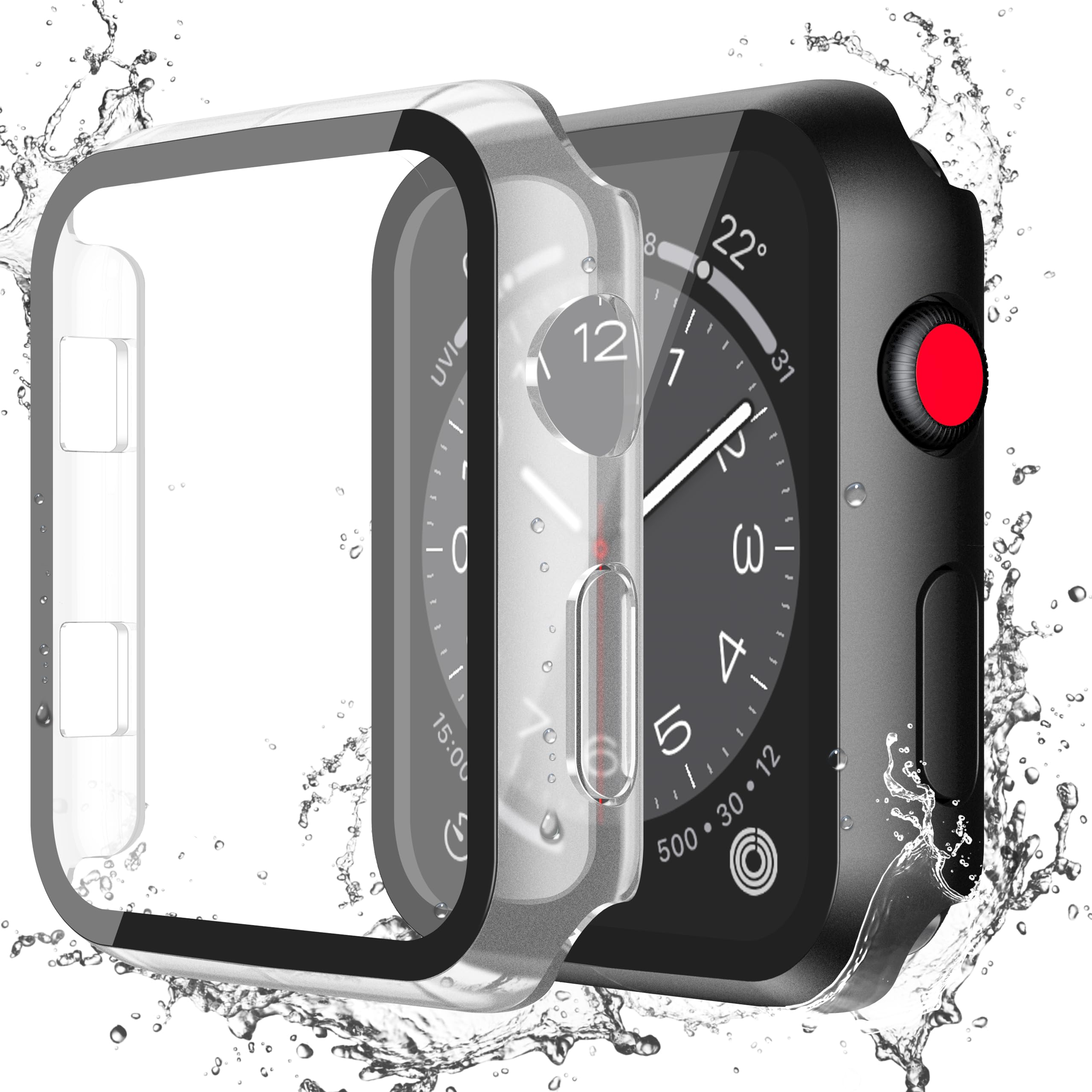 Misxi Wasserdichte Schutzhülle mit Knopf für Apple Watch Serie 3 Serie 2, 42 mm, harte PC-Abdeckung mit Displayschutzfolie aus gehärtetem Glas, für iWatch S3/S2, 1 Schwarz + 1 Transparent