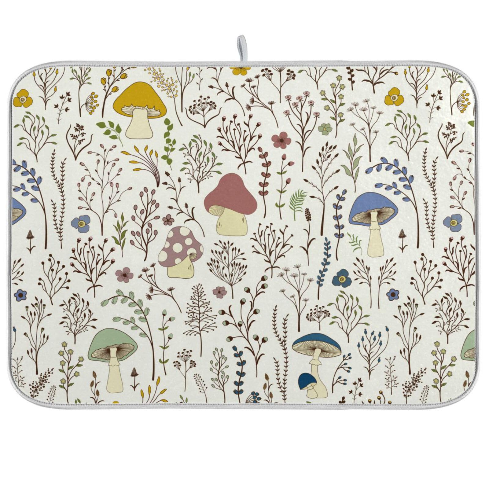 Cute Mushroom Wild Plant Dish Drying Mat for Kitchen Counter Absorbent Microfiber Dish Drying Pad Drainer Mat, Medium 40x46 cm