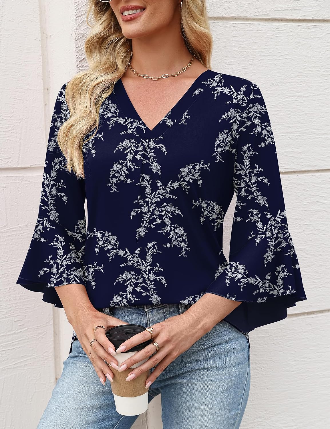 LUYYA Women's 3/4 Sleeve Tops Pleated V Neck Blouse Business Casual Tunic Top Loose Fit Work Shirts 2026