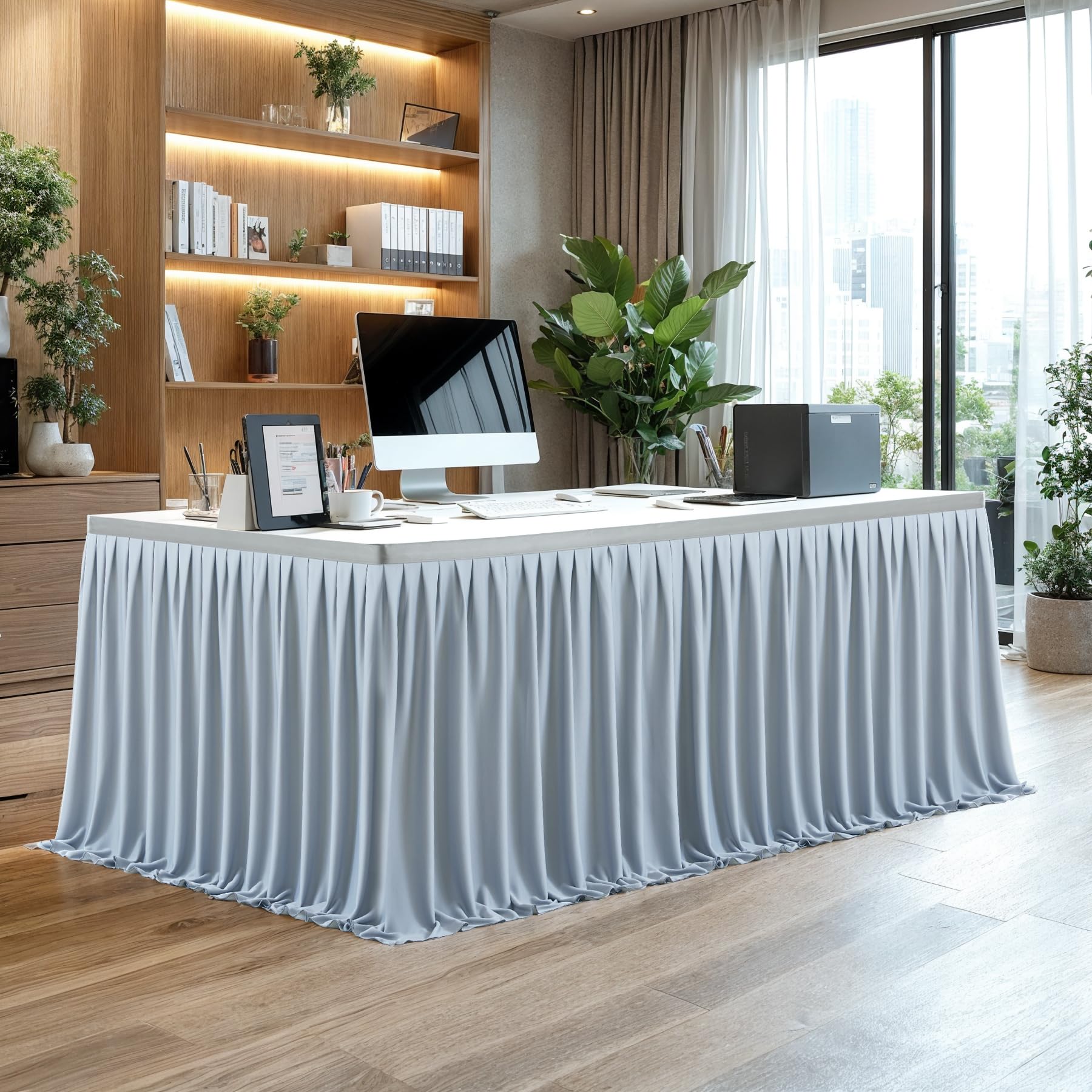 Partisky Faldón de mesa de poliéster gris para mesas rectangulares de 9 pies, resistente a las arrugas, mantel plisado con volantes para banquetes, bodas, comercios, baby shower, mesa de comedor
