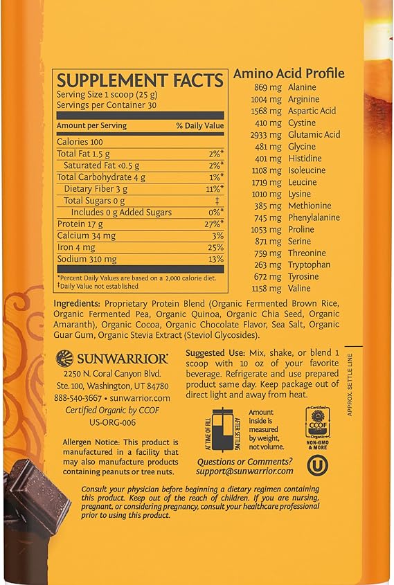 Sunwarrior Plant-Based Collagen Building Powder | 40 Servings, Chocolate Flavored & Vegan Protein Powder | USDA Organic 30 Servings, Chocolate Flavored
