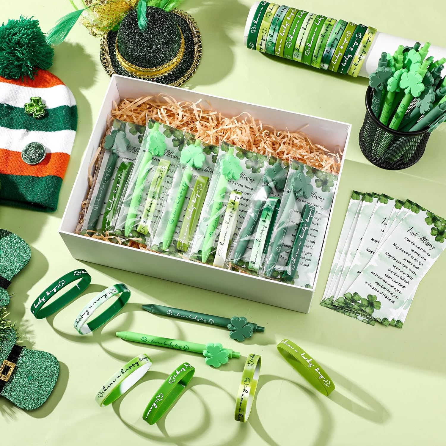 Sayglossy 144 Pcs St. Patrick's Day Party Favors Shamrock Ballpoint Pen Silicone Wristband Bracelet Green Irish Blessing Prayer Card Bulk Good Luck Clover Gift for Teacher Employee Office Supplies
