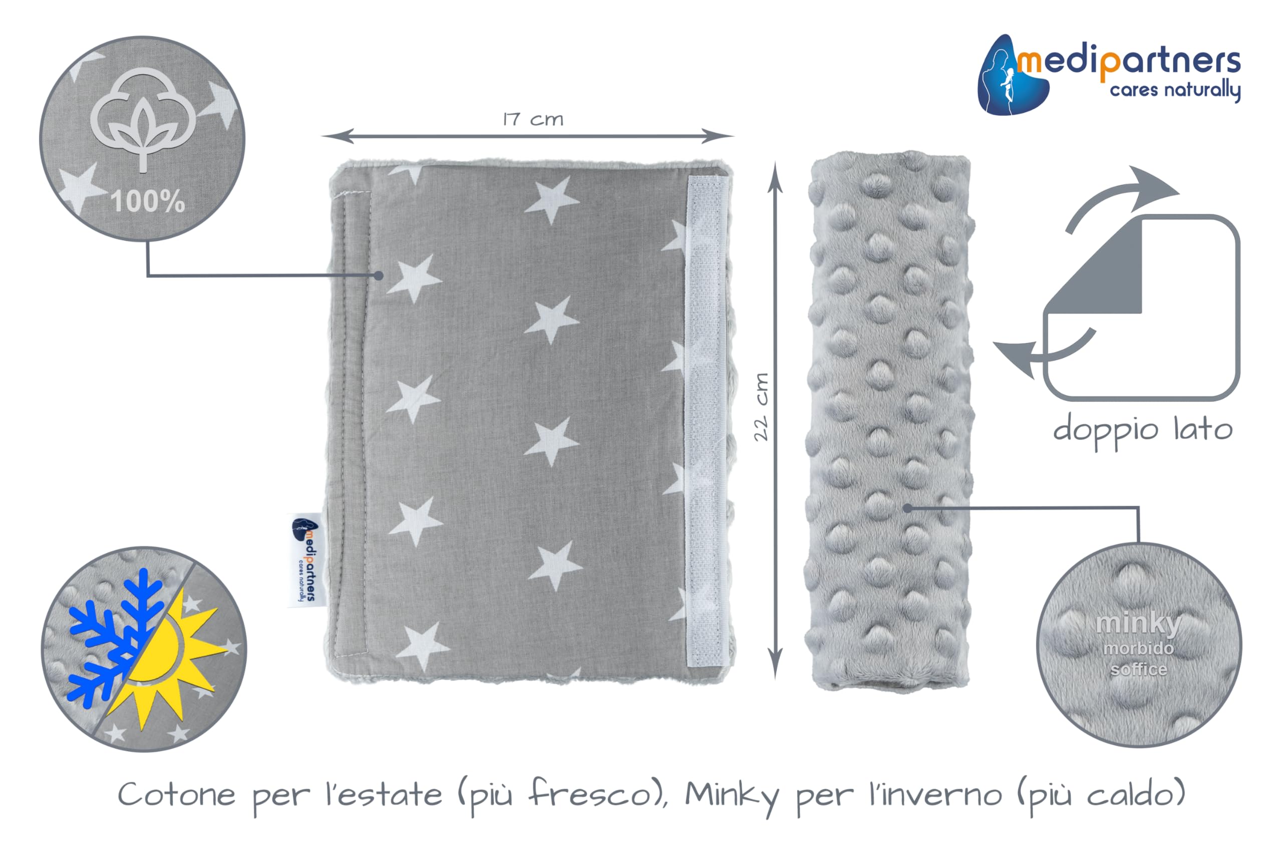 Medi Partners Copri Cintura di Sicurezza Auto Copricintura Bambini Car Cuscino 17x22cm 100% Cotone Minky Cinture Kids Copri Seggiolino Protezione (Stelle grigie con Minky) - 3