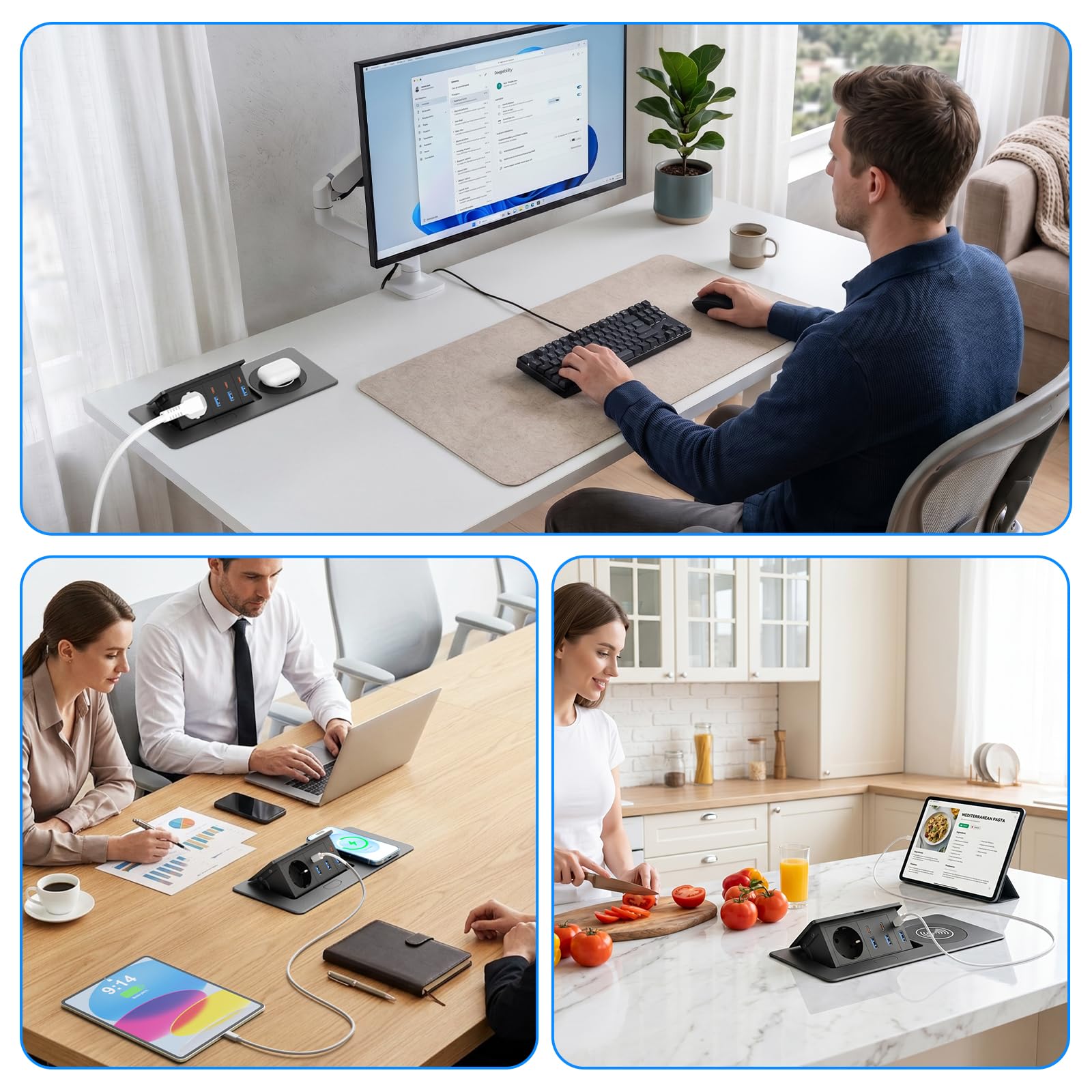 Enchufe empotrable con 6 USB, USB-C PD 30W y Carga inalámbrica 15W | Regleta empotrable con 1 toma, USB-A1 30W, cable 1,8 m, escritorio, oficina y cocina, negro