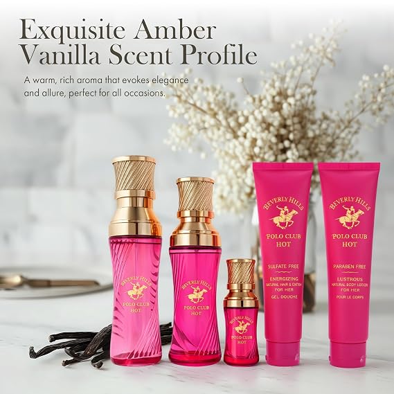 Beverly Hills Polo Club BHPC HOT Women's 5-Piece Fragrance Gift Set - Amber & Vanilla Eau de Parfum Collection with Natural Body Lotion & Hair Wash for Her