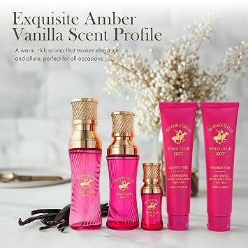 Beverly Hills Polo Club BHPC HOT Women's 5-Piece Fragrance Gift Set - Amber & Vanilla Eau de Parfum Collection with Natural Body Lotion & Hair Wash for Her