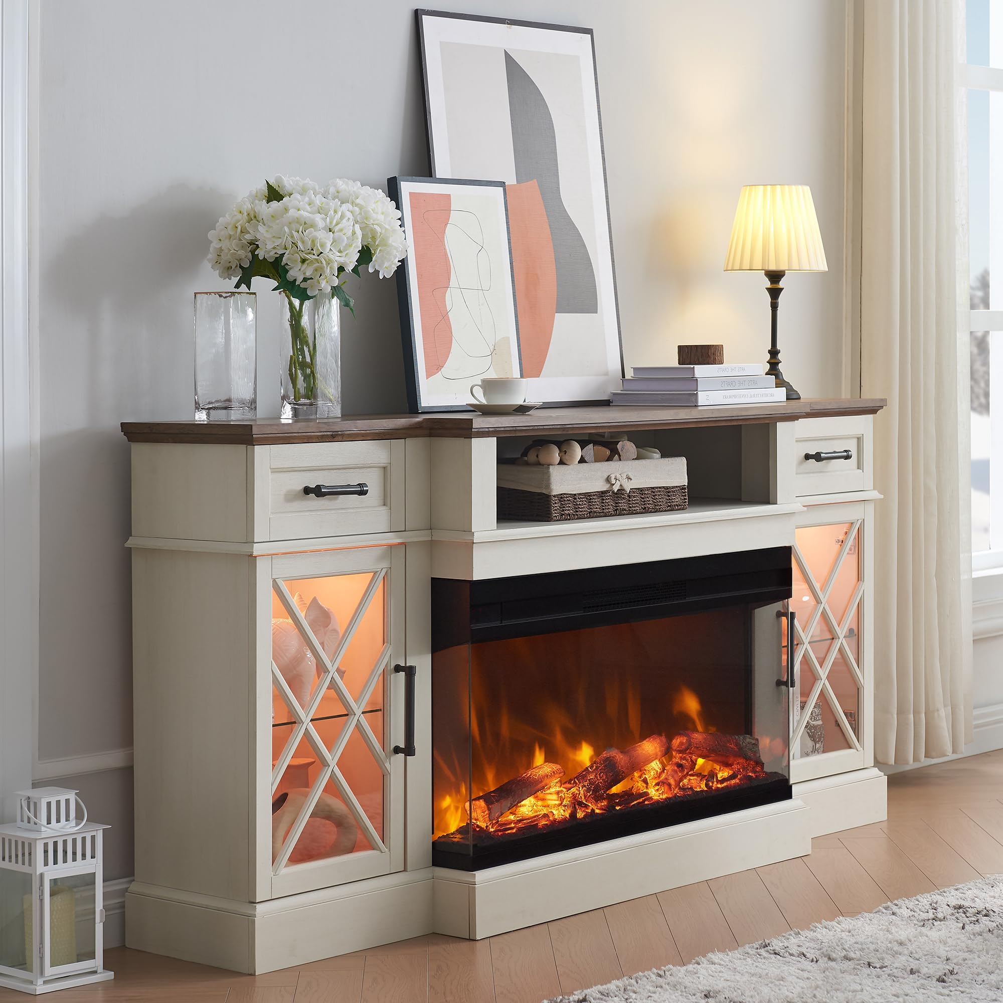 - OKD Farmhouse TV Stand with Fireplace, 70'' Entertainment Center Stand with 36" 3-Sided Glass Electric Fireplace for TVs Up to 80 in, with 2 Drawers & 2 Storage Cabinet for Living Room, Antique White