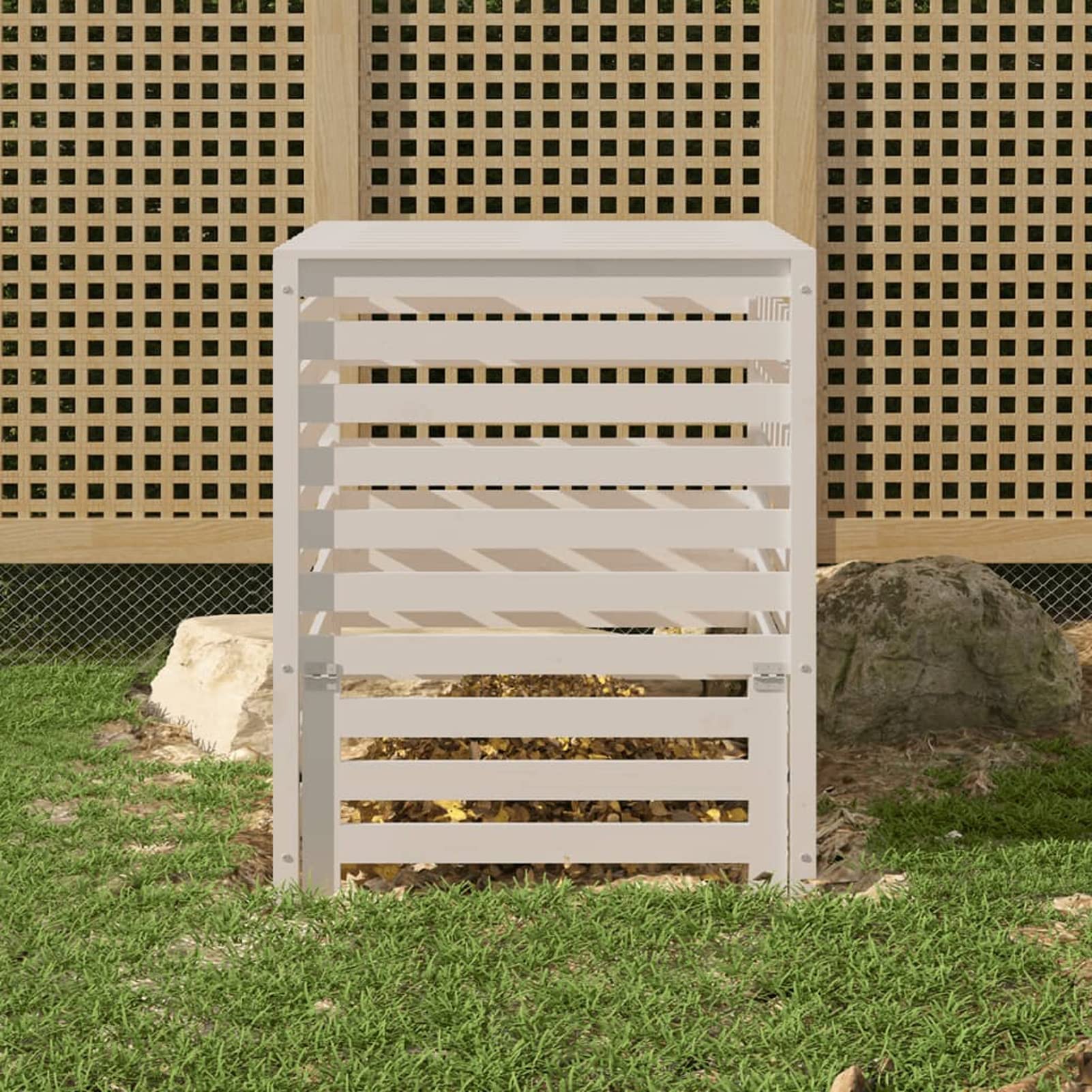 Compostiera da Giardino, Compostiera Domestica,Compostiera Bianca 82,5x82,5x99,5 cm in Legno Massello di Pino