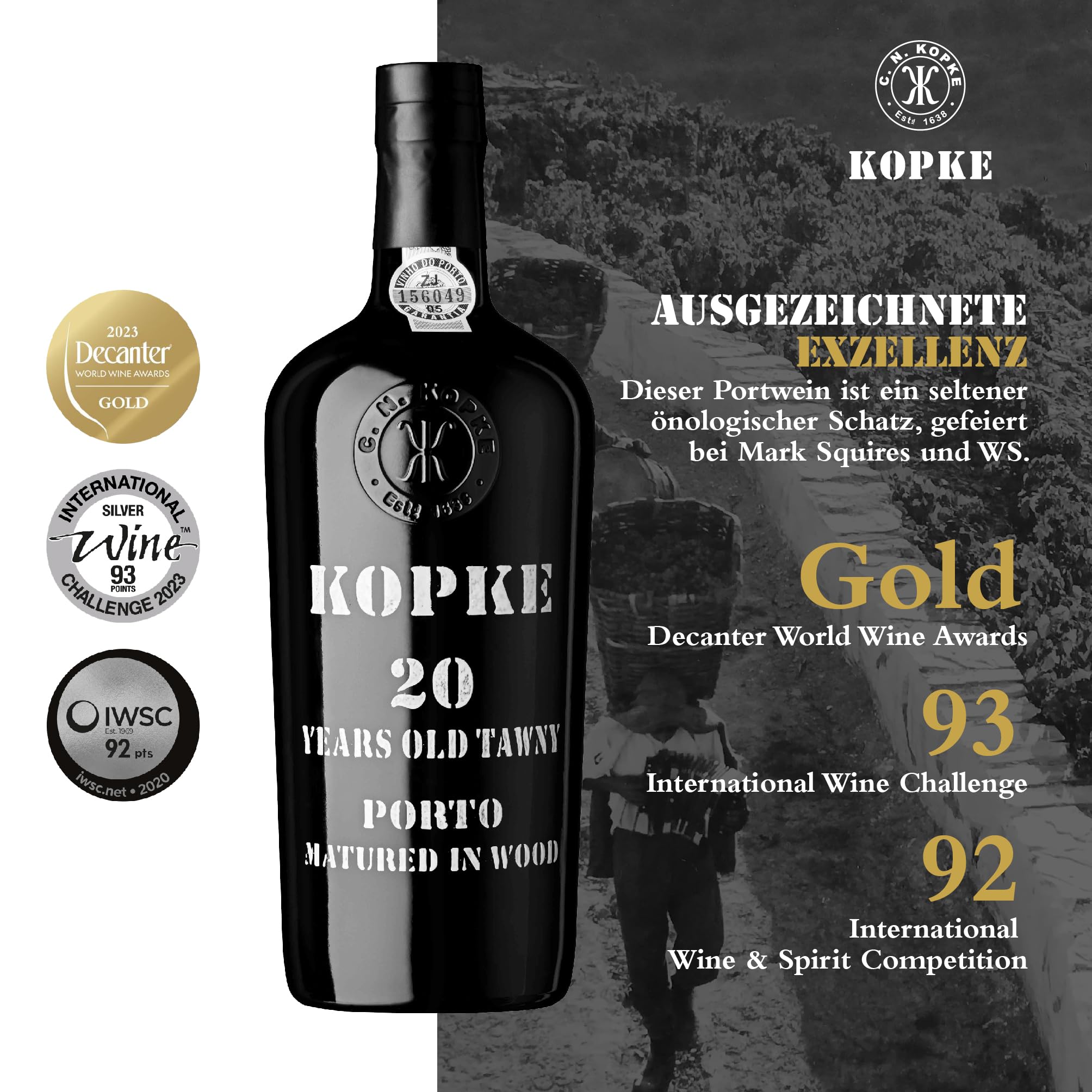 Kopke Tawny Portwein 20 Jahre alt - Exquisit im Holzfass Gereifter Portwein rot | Preisgekrönter Dessertwein | Elegante Flasche mit 0,75l, 20% Vol. in Geschenkkarton aus Holz