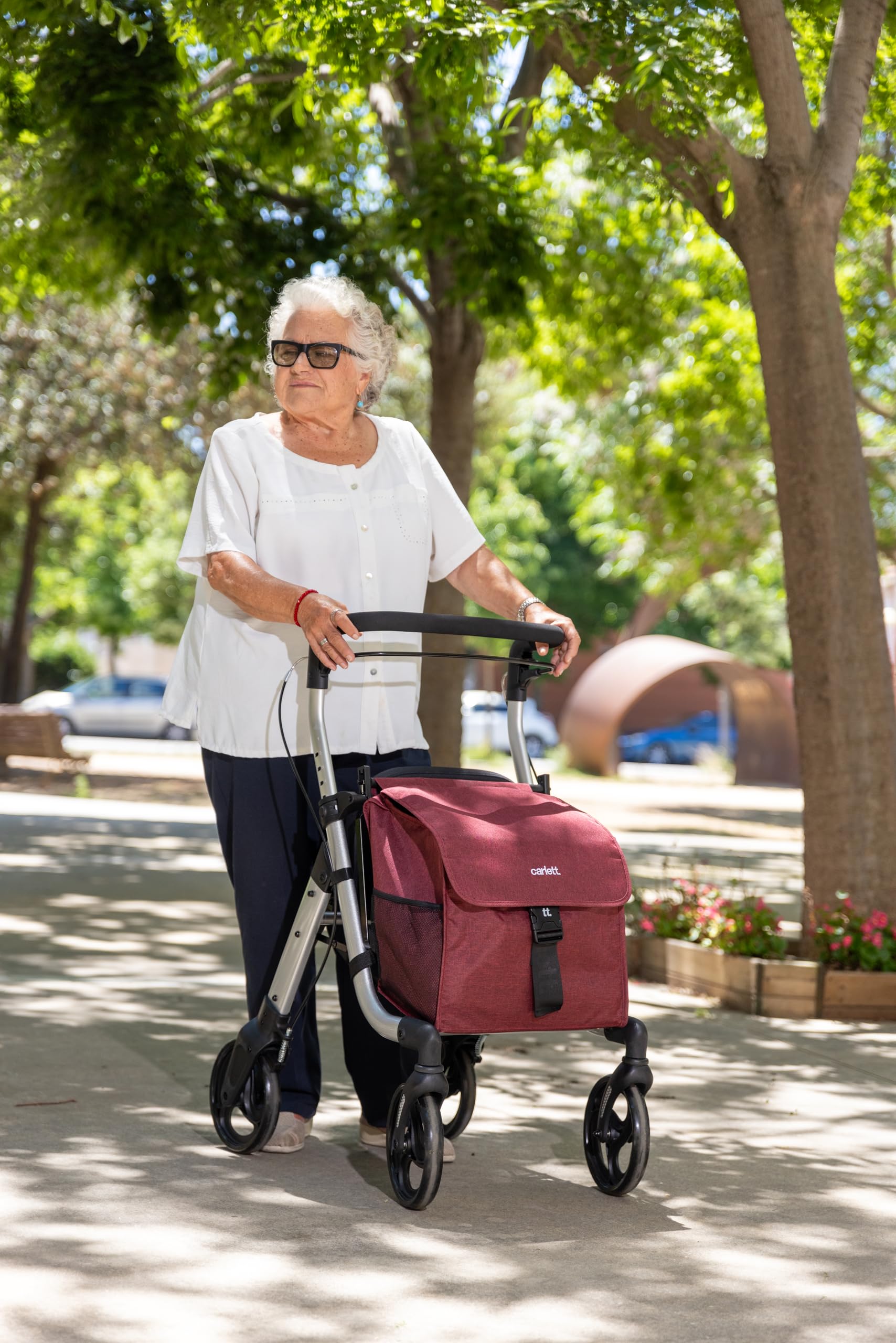 Carlett Andador con Asiento Plegable y Bolsa Extraíble, Producto Médico Homologado EU, Ruedas Grandes 20 cm, Freno de Parking y Manillar Regulable, Ideal para Interior y Exterior, Lett Walk, Negro